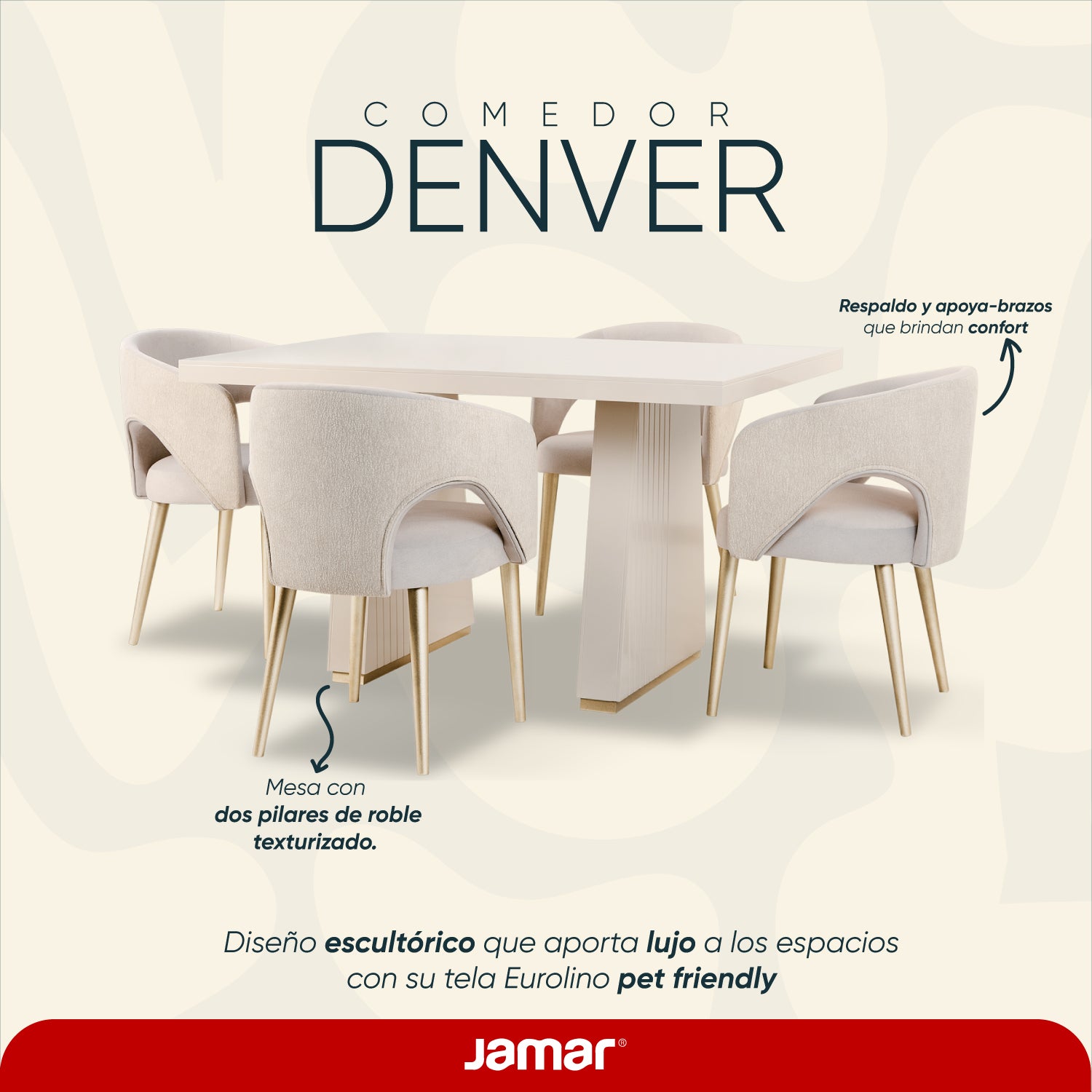 Comedor 4 Puestos Denver Velvet Beige, Greige