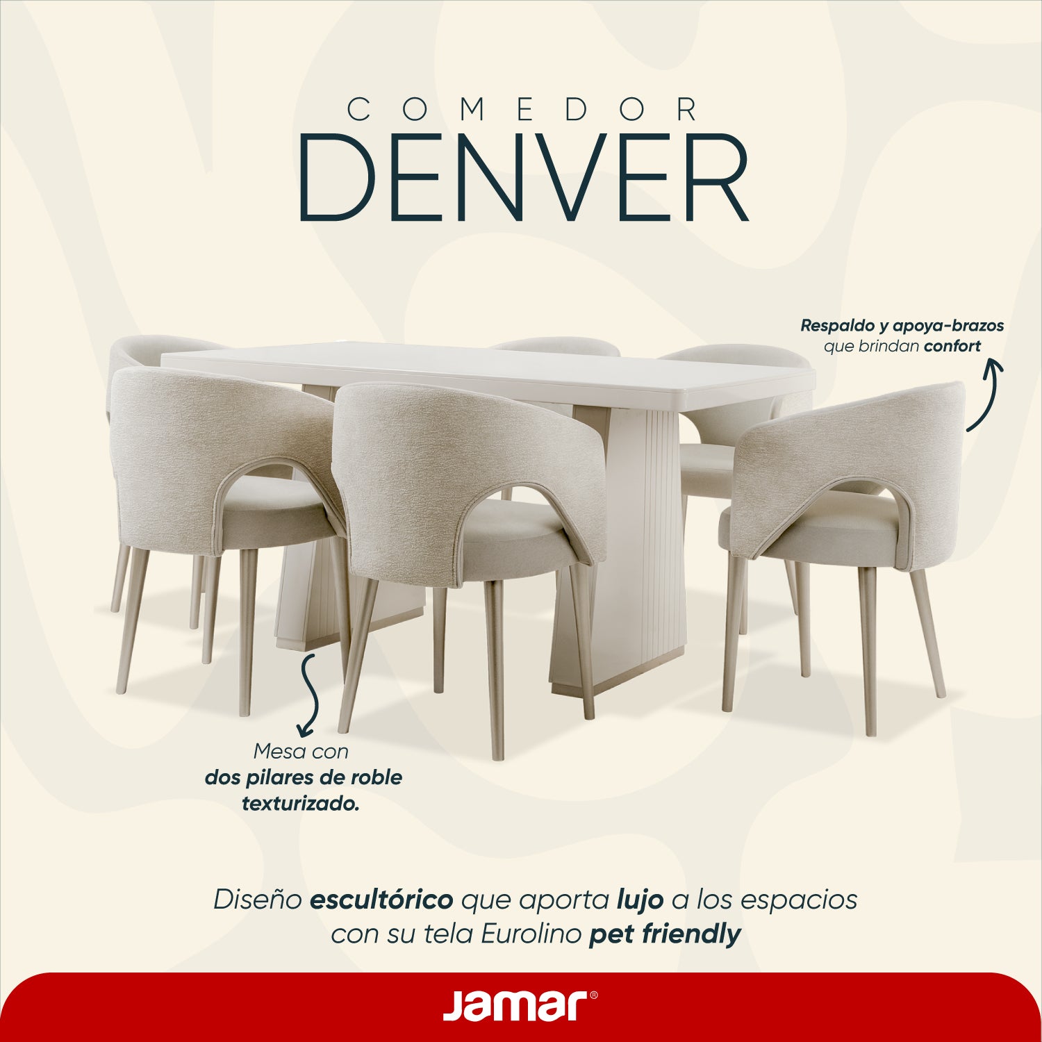 Comedor 6 Puestos Denver Velvet Beige, Greige