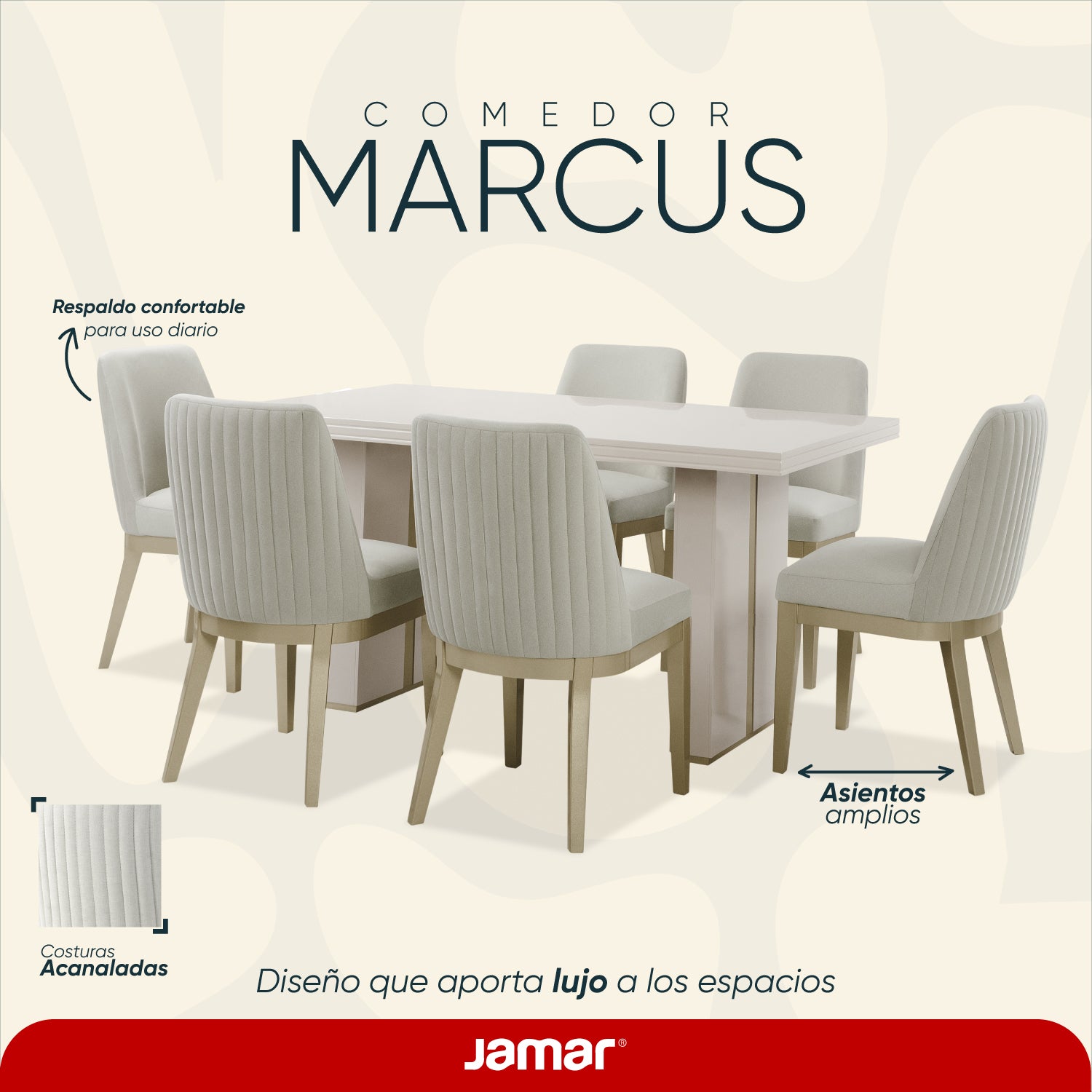 Comedor 6 Puestos Marcus Velvet Siena Avellana, Champaña