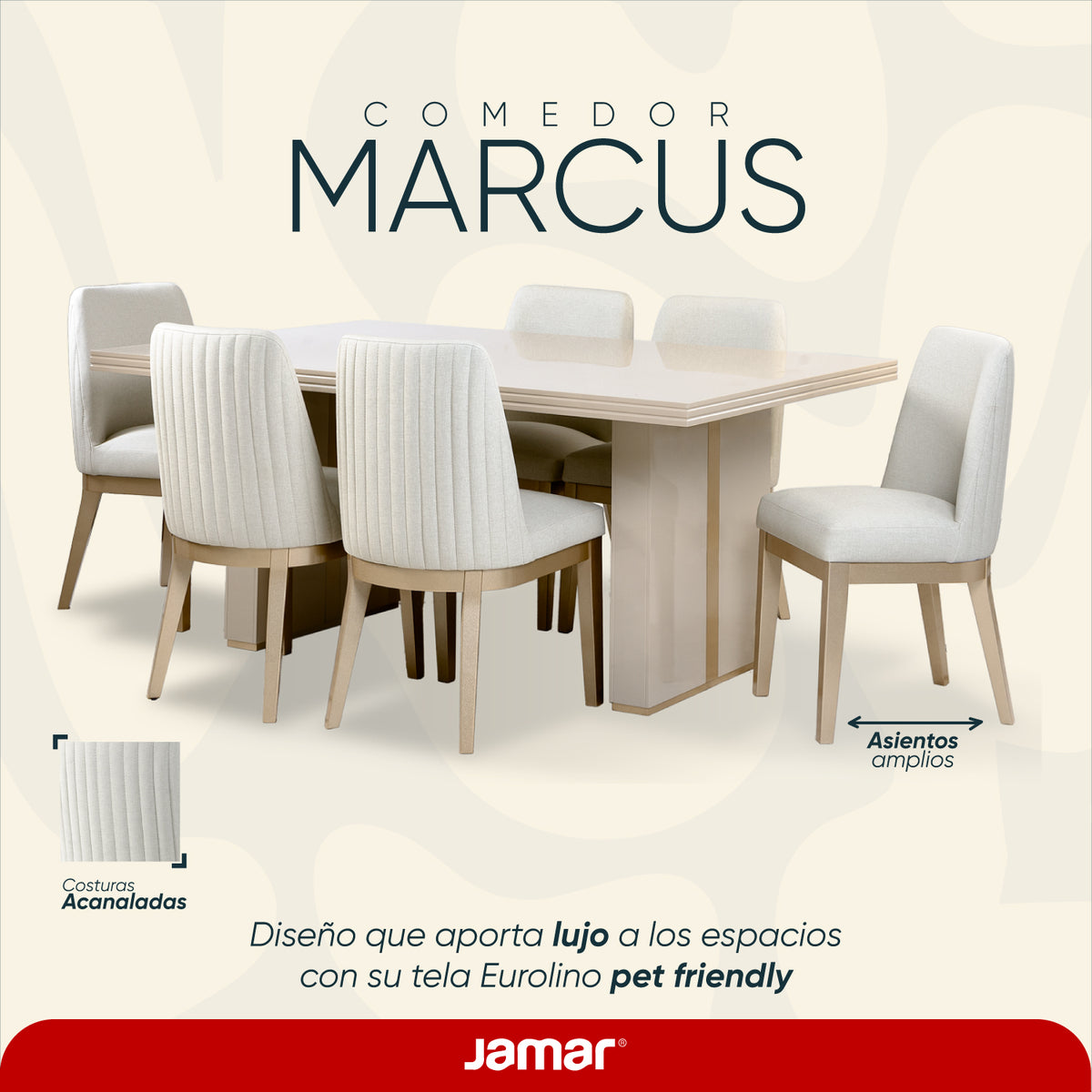 Comedor 6 Puestos Marcus Eurolino Blanco Puro, Champaña