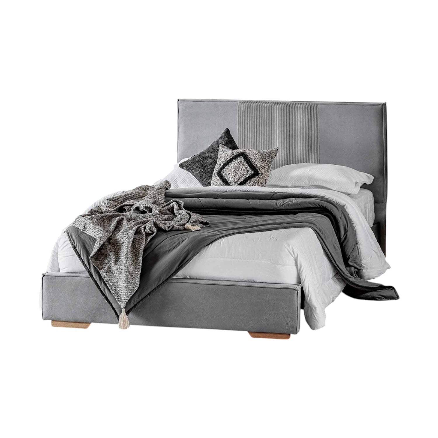 Combo Cama 1.40 Tokio Gris, Natural + Colchón Valencia Doble Pillow Top