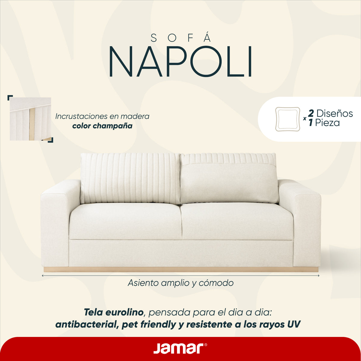 Sofá 3 Puestos Napoli Eurolino Blanco Puro, Champaña