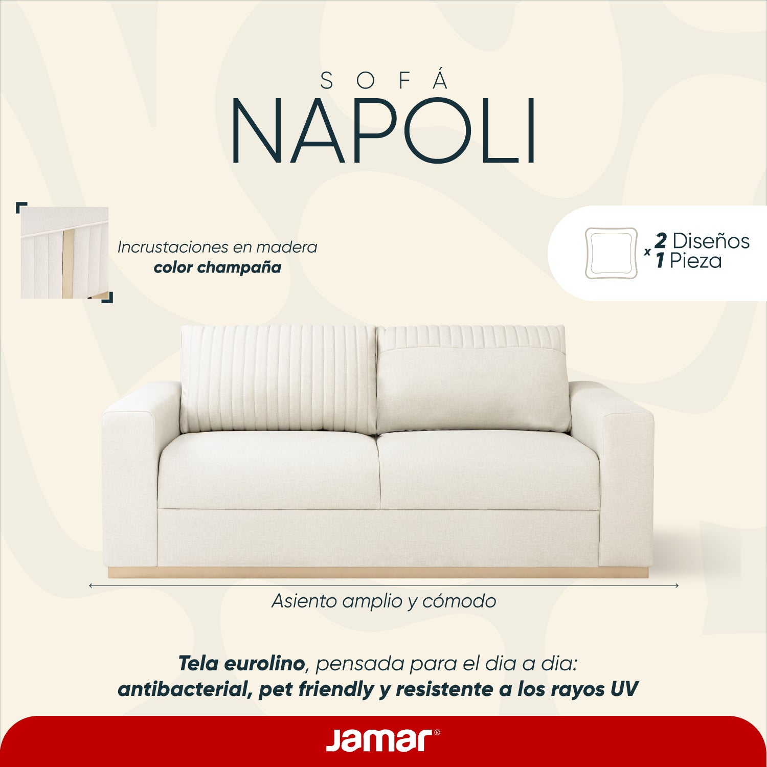 Sofá 2 Puestos Napoli Eurolino Blanco Puro, Champaña