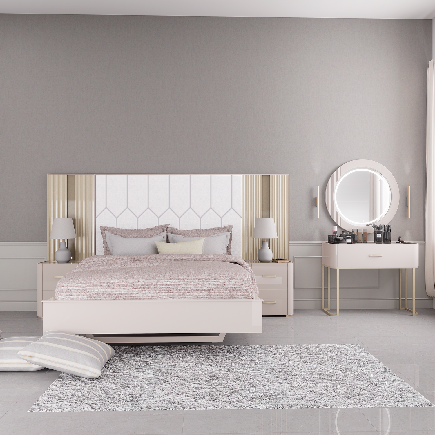 Cama Queen Florencia Eurolino Biege Perla, Off White, Champaña