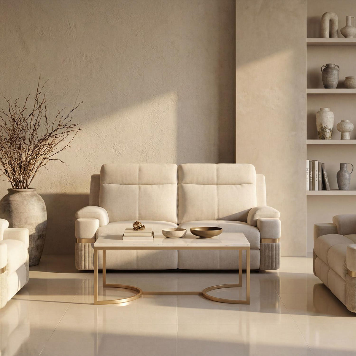 Sofá Reclinable 2 Puestos Dior Eurolino Blanco Puro, Champaña