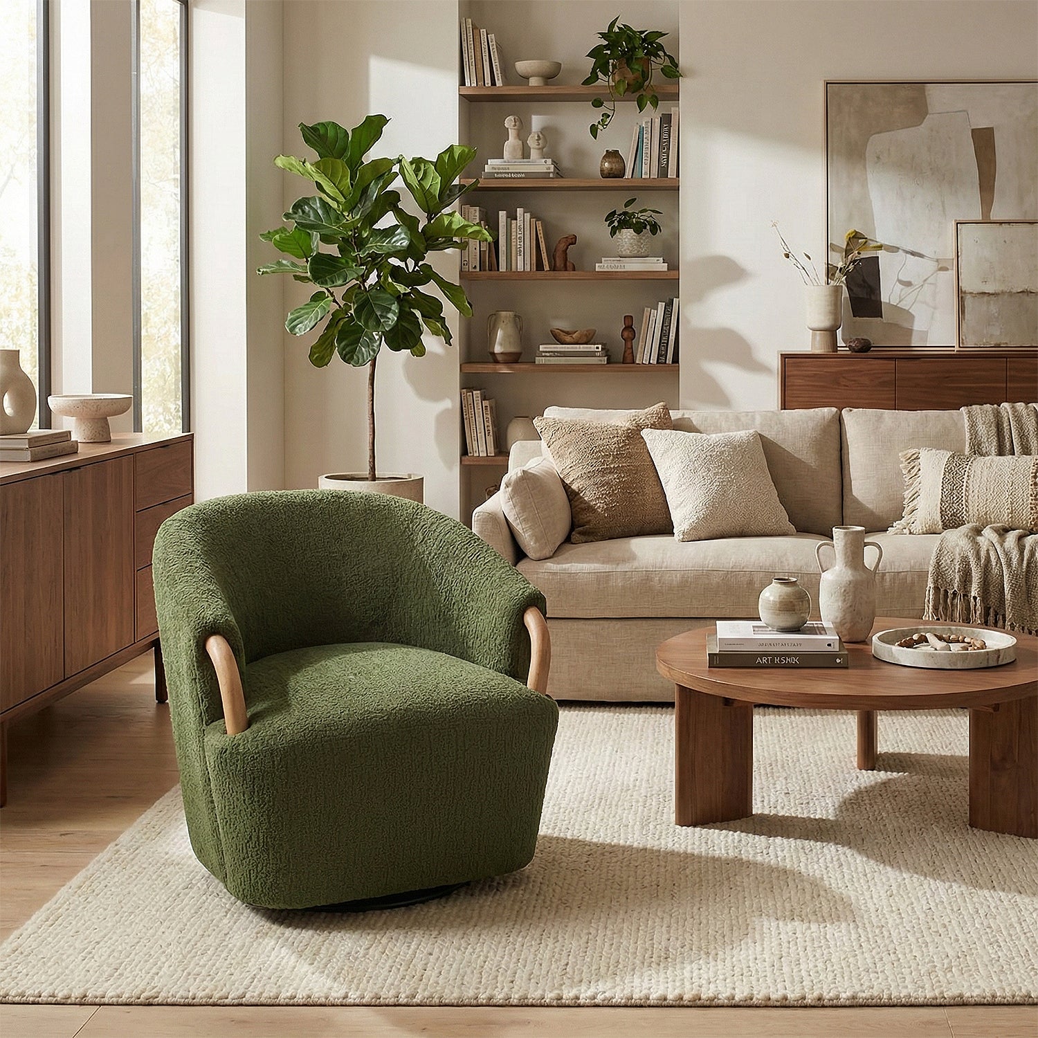 Poltrona Mobic Chenille Verde, Natural Giratoria