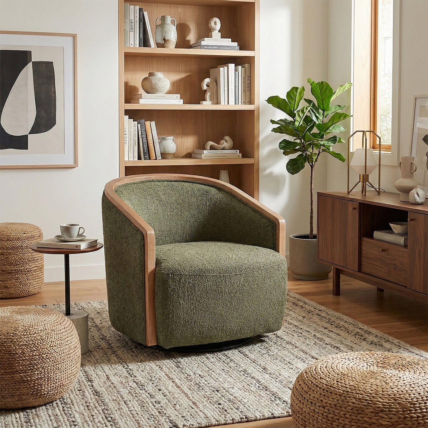 Poltrona Salma Chenille Verde, Natural Giratoria