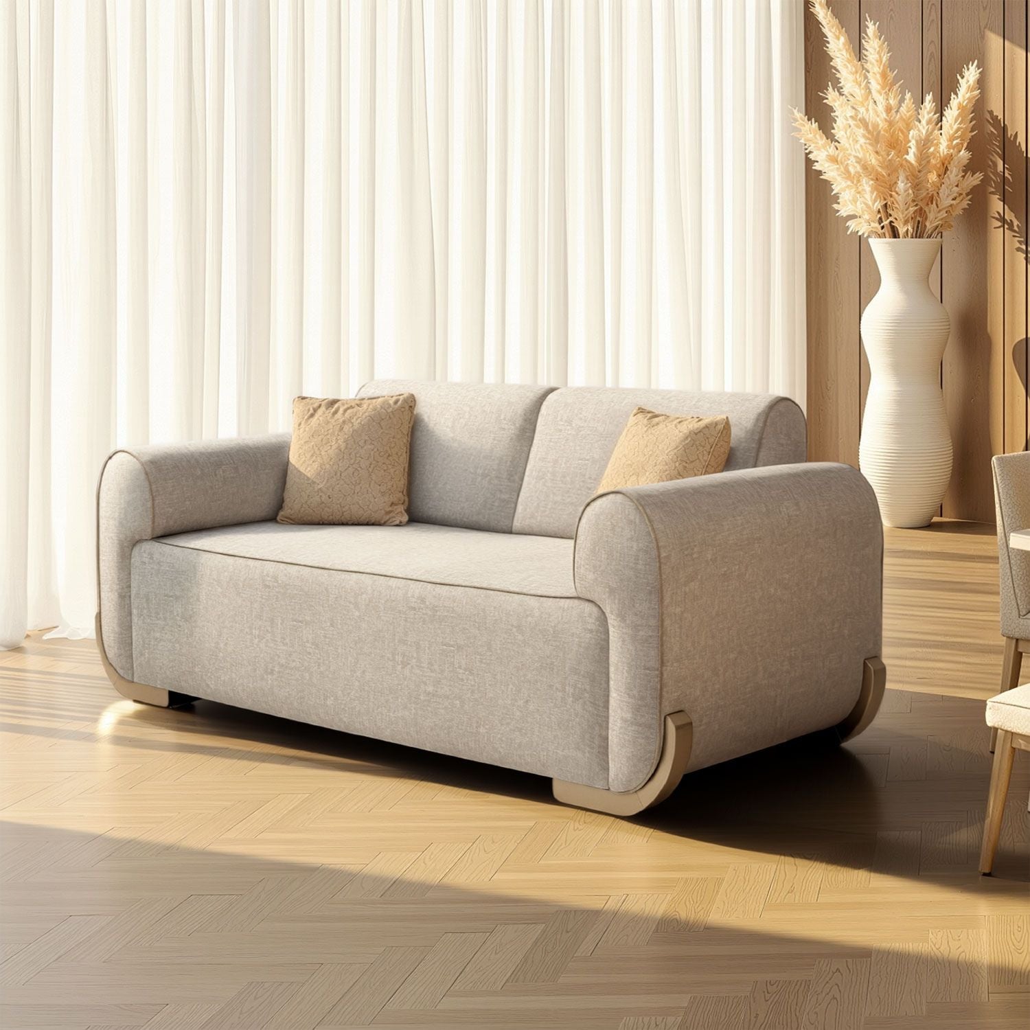 Sofá 3 Puestos Luma Velvet Idilio Beige, Champaña