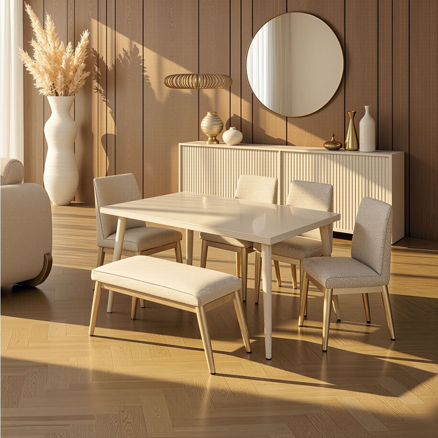 Comedor 6 Puestos Luma Velvet Idilio Beige, Champaña Banca