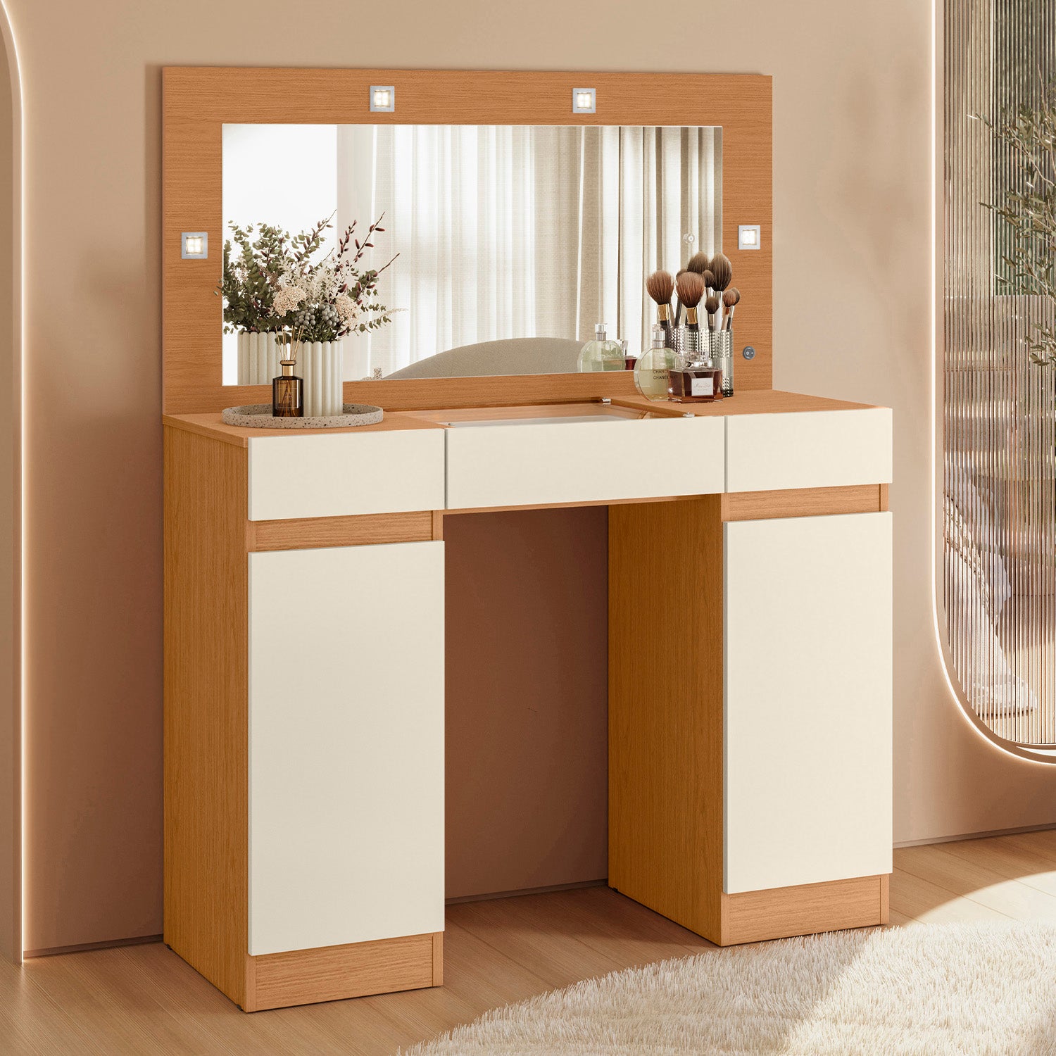 Tocador Filipo Natural, Off White Con Luz Led