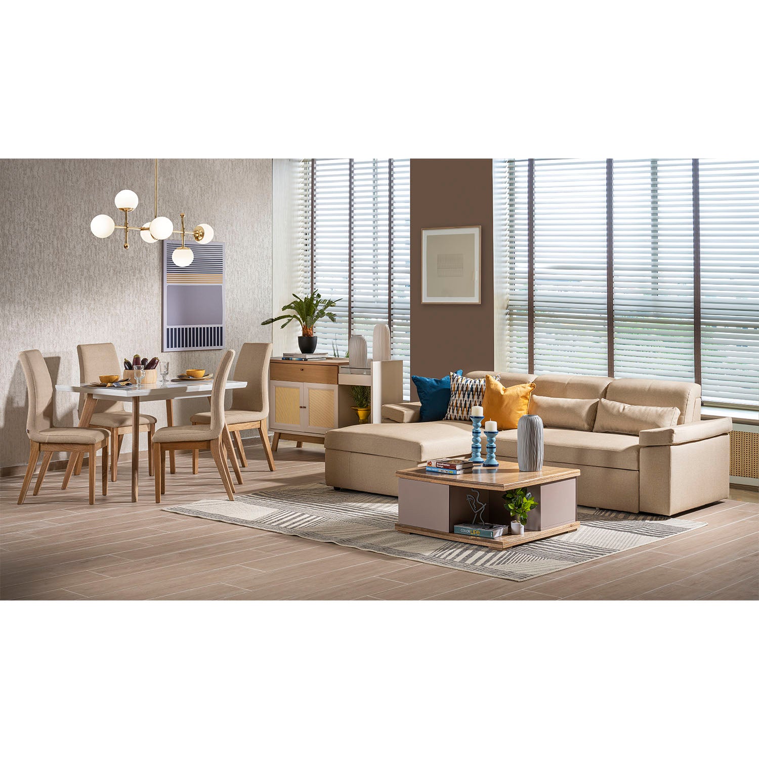 Comedor 4 Puestos Bruno Eurolino Marfil, Natural y Blanco Poliuretano*