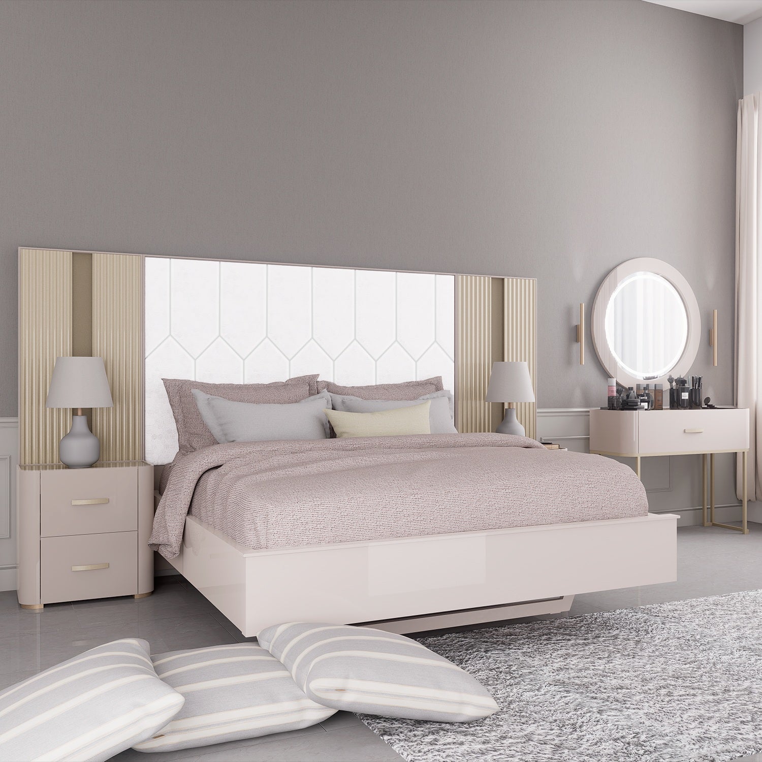 Cama Queen Florencia Eurolino Biege Perla, Off White, Champaña