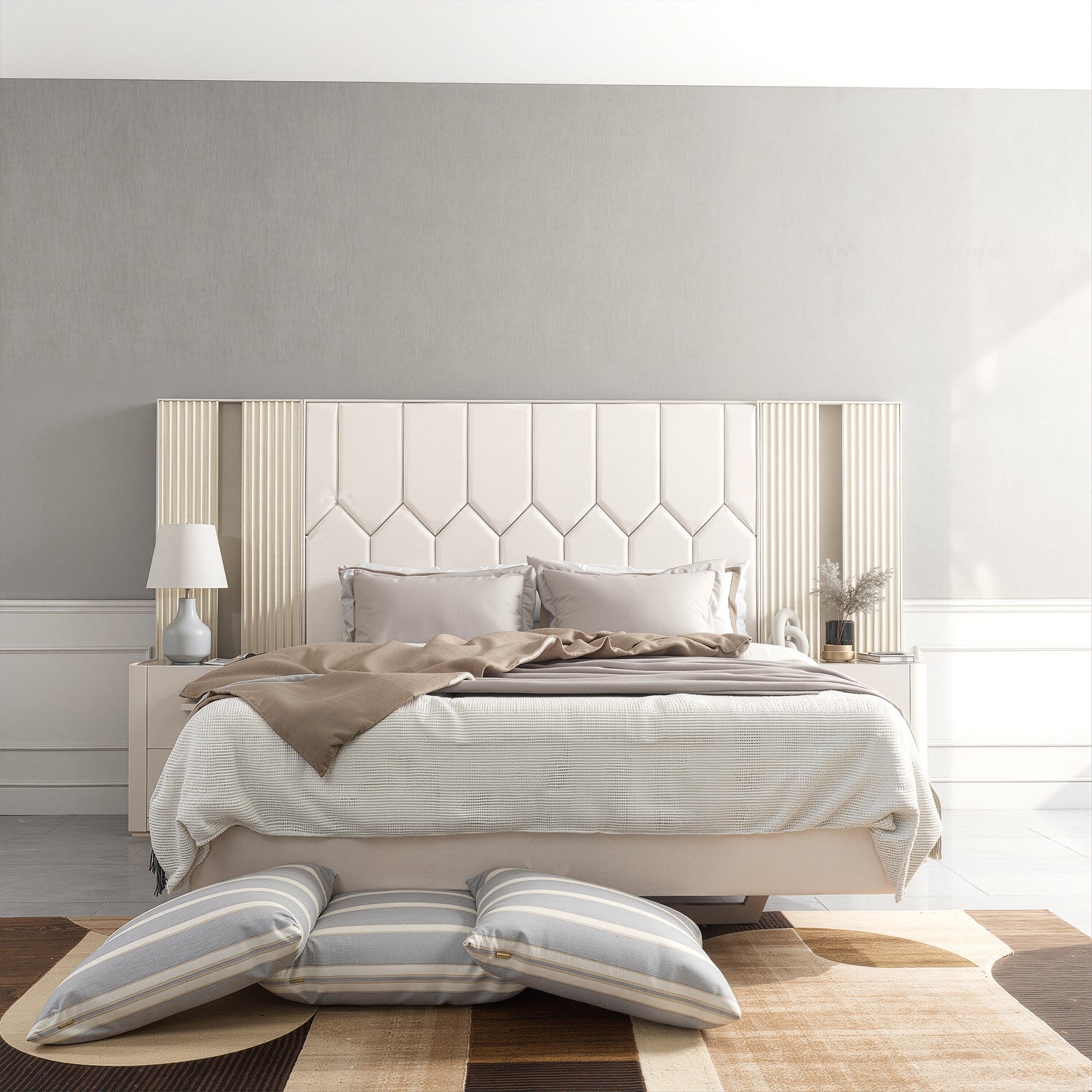 Cama Queen Florencia Eurolino Biege Perla, Off White, Champaña