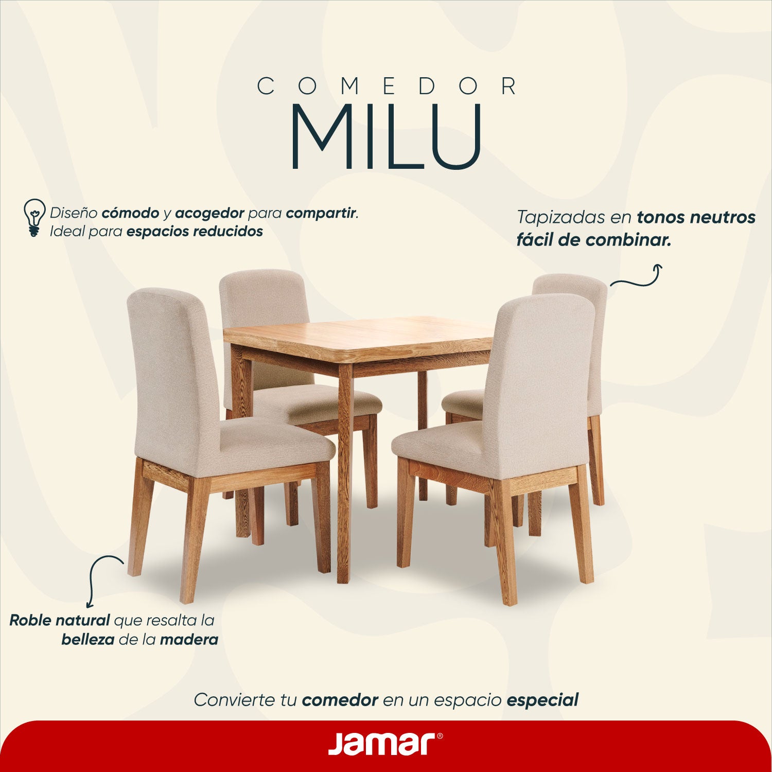 Comedor 4 Puestos Milu Microfibra Beige, Natural