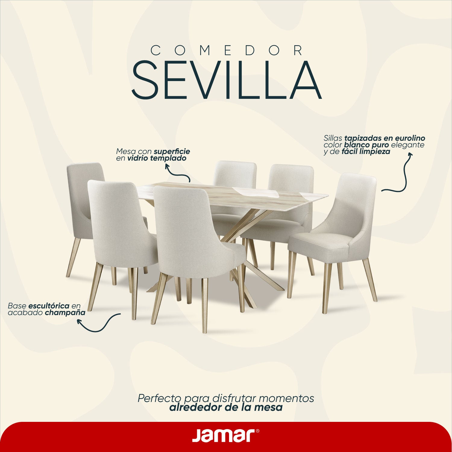 Comedor 6 Puestos Sevilla Eurolino Blanco Puro, Champaña Bpv