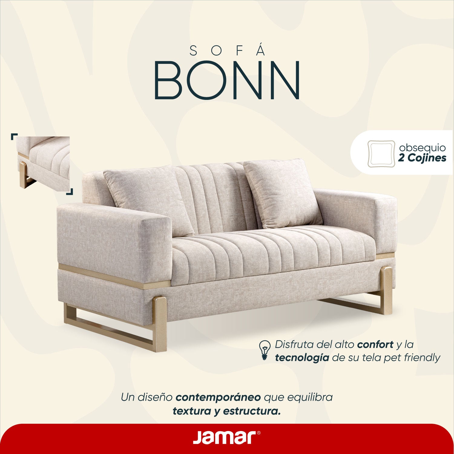 Sofá 2 Puestos Bonn Velvet Idilio Beige, Champaña