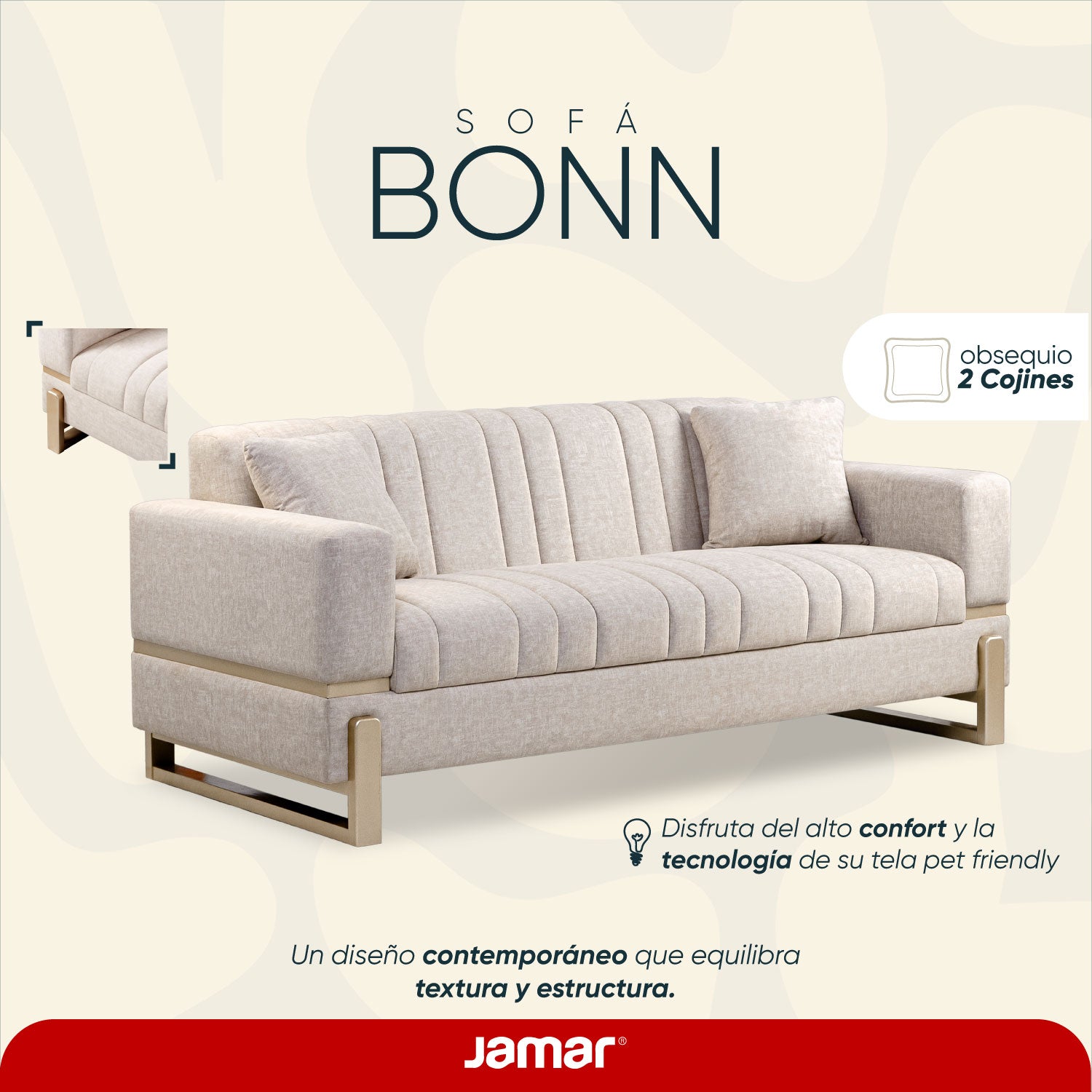 Sofá 3 Puestos Bonn Velvet Idilio Beige, Champaña