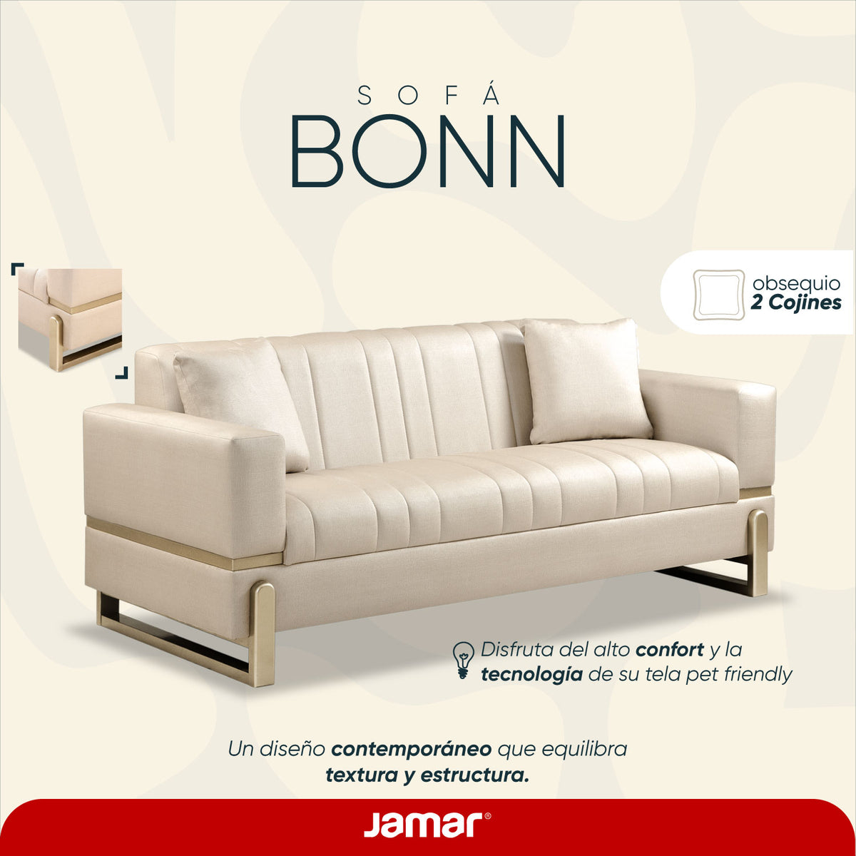 Sofá 3 Puestos Bonn Eurolino Premier Perla, Champaña