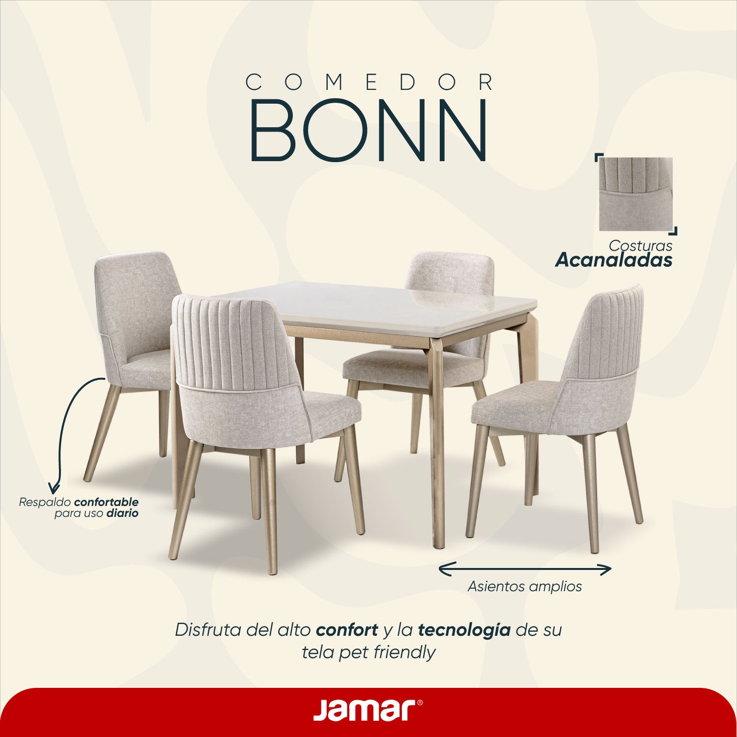 Comedor 4 Puestos Bonn Velvet Idilio Beige, Champaña