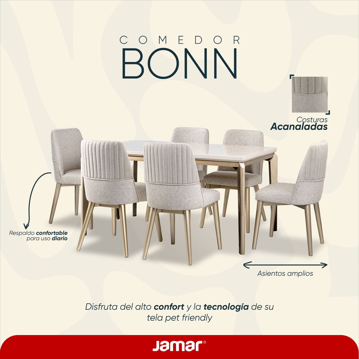 Comedor 6 Puestos Bonn Velvet Idilio Beige, Champaña