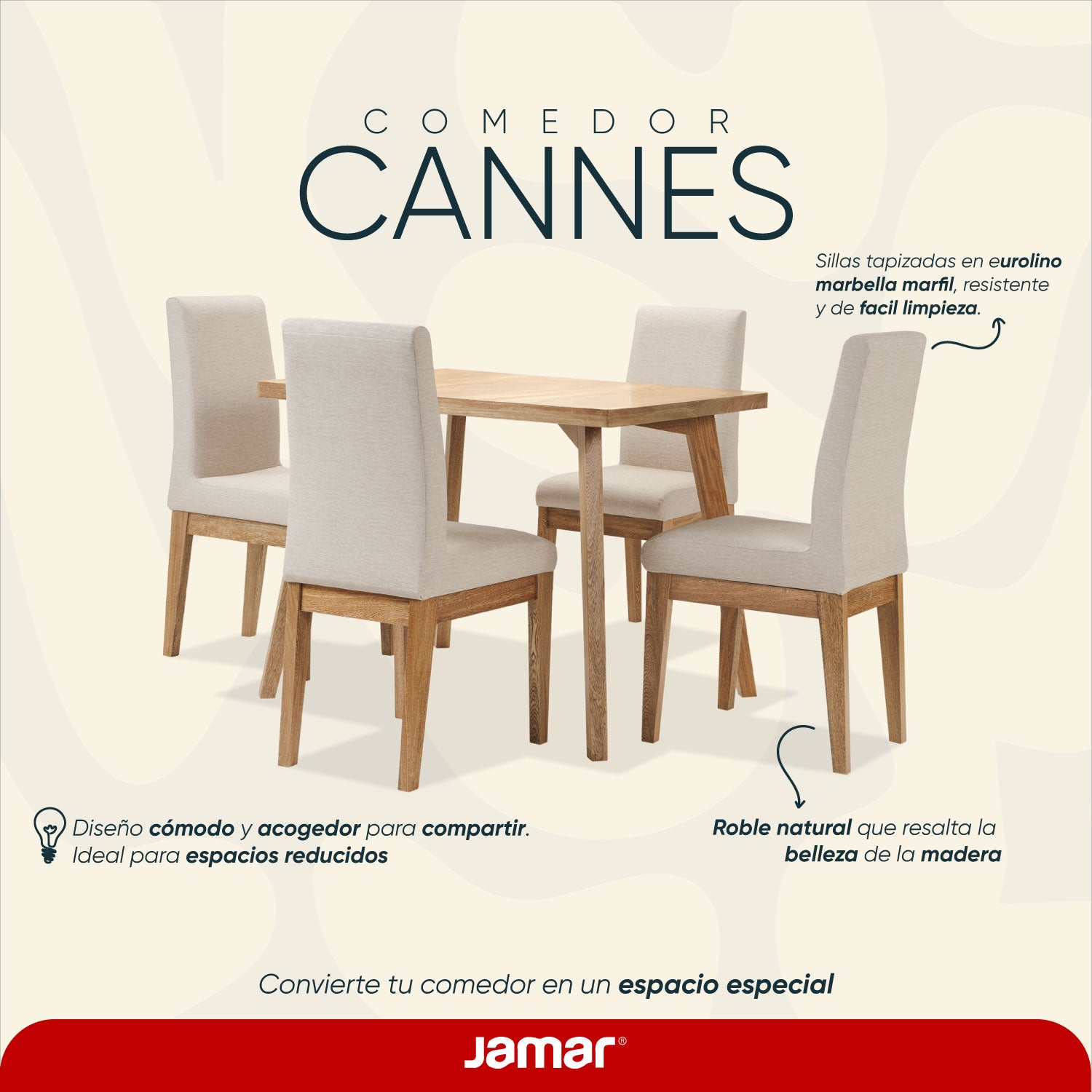 Comedor 4 Puestos Cannes Eurolino Marbella Marfil, Natural
