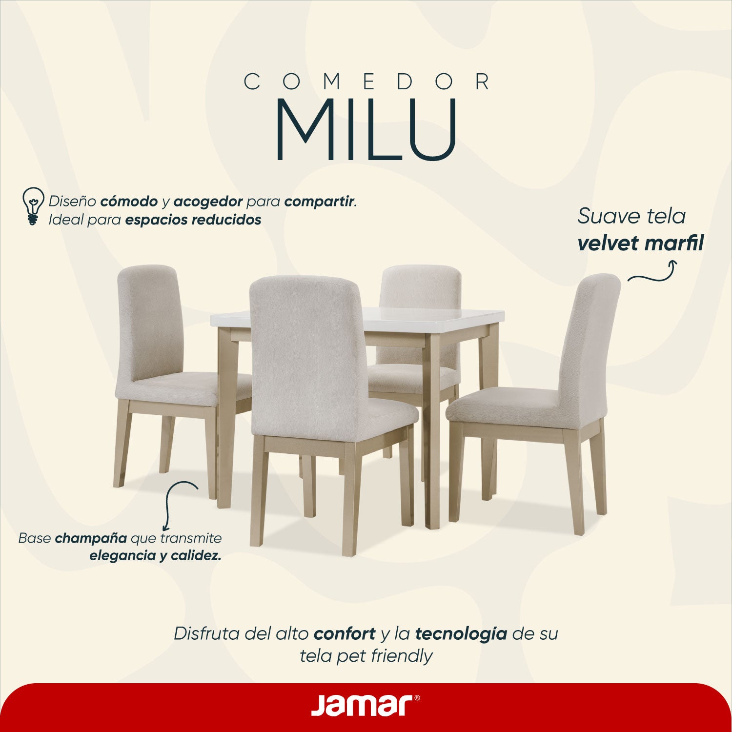 Comedor 4 Puestos Milu Velvet Suprema Sand,Champaña