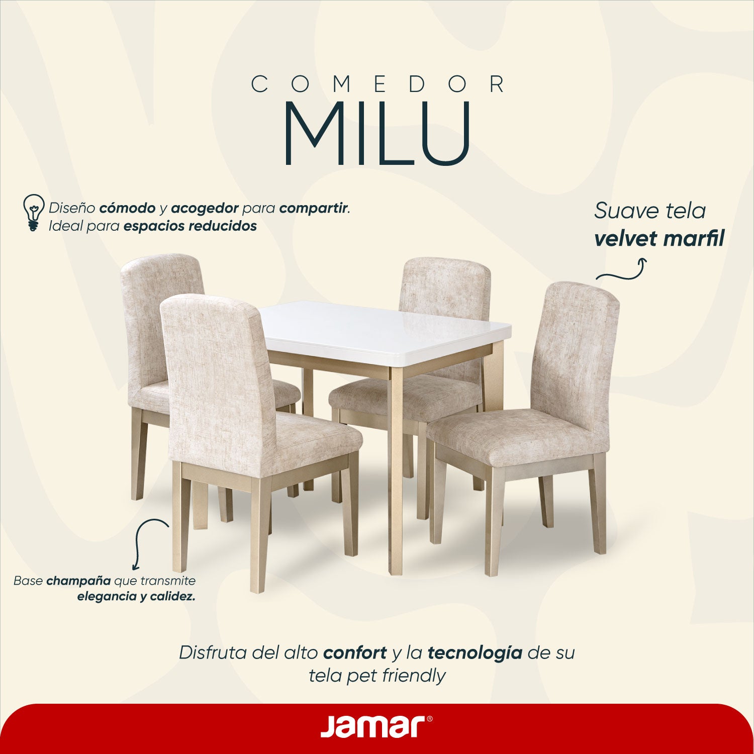 Comedor 4 Puestos Milu Velvet Estocolmo Marfil, Champaña