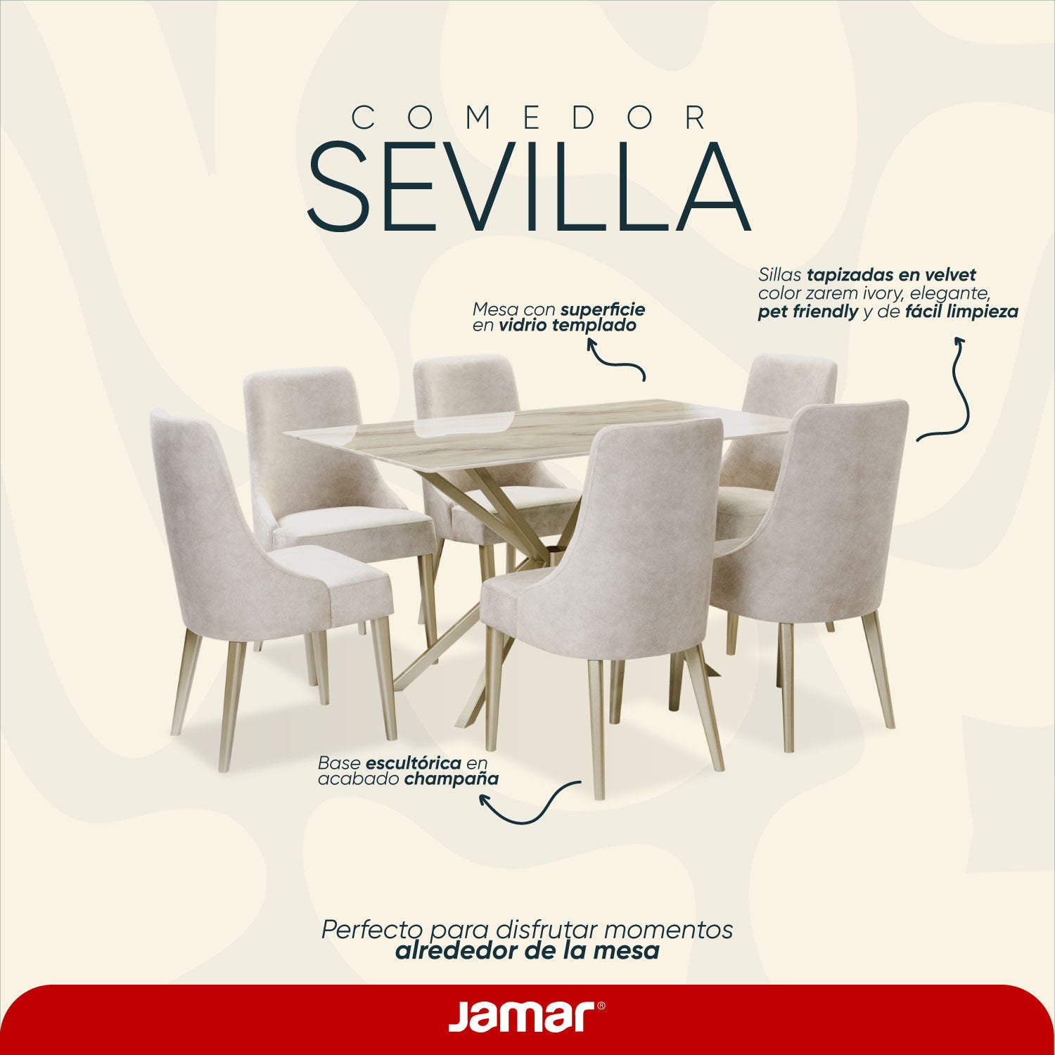 Comedor 6 Puestos Sevilla Velvet Zarem Ivory, Champaña Bpv
