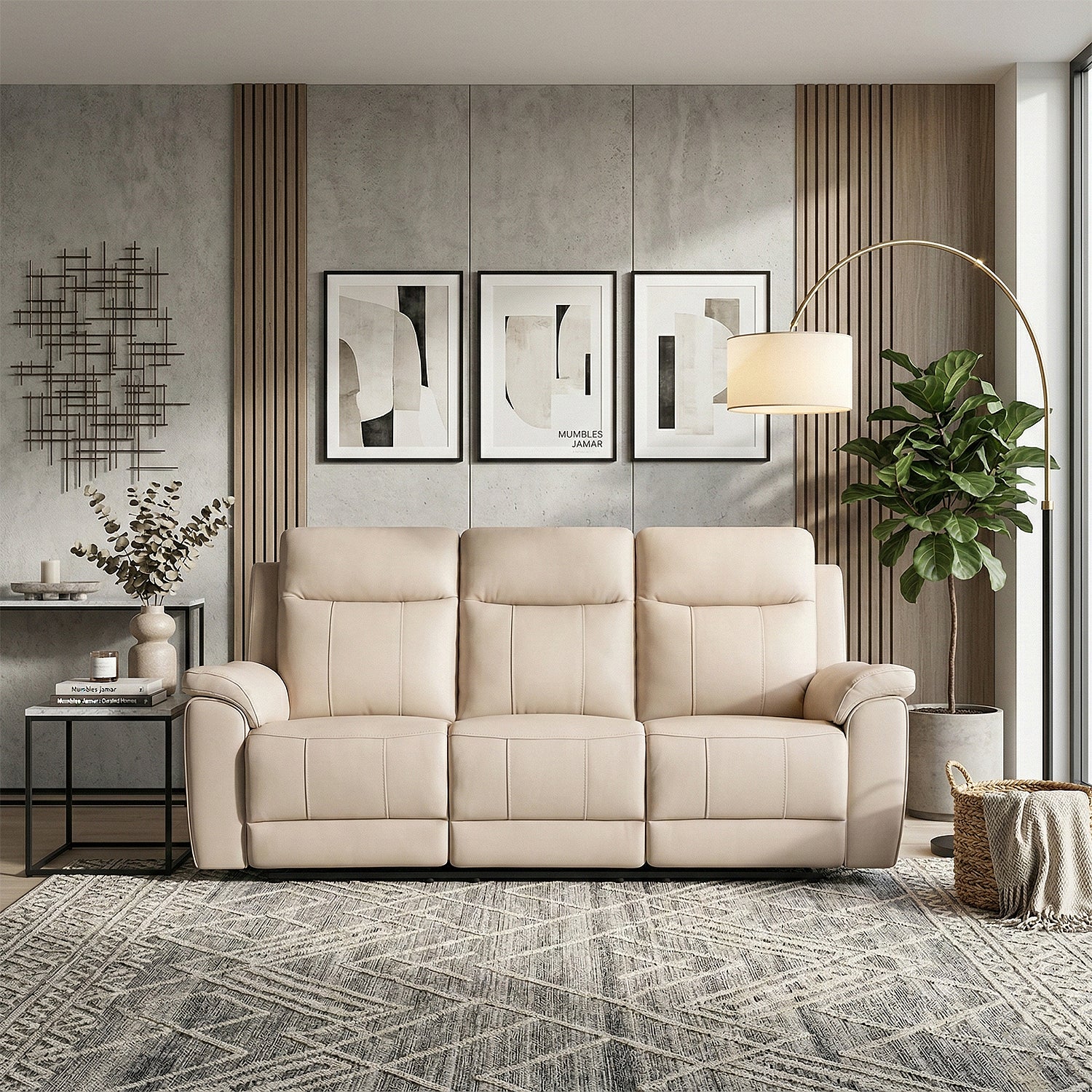 Sofá Reclinable 3 Puestos Lola Cuero Beige