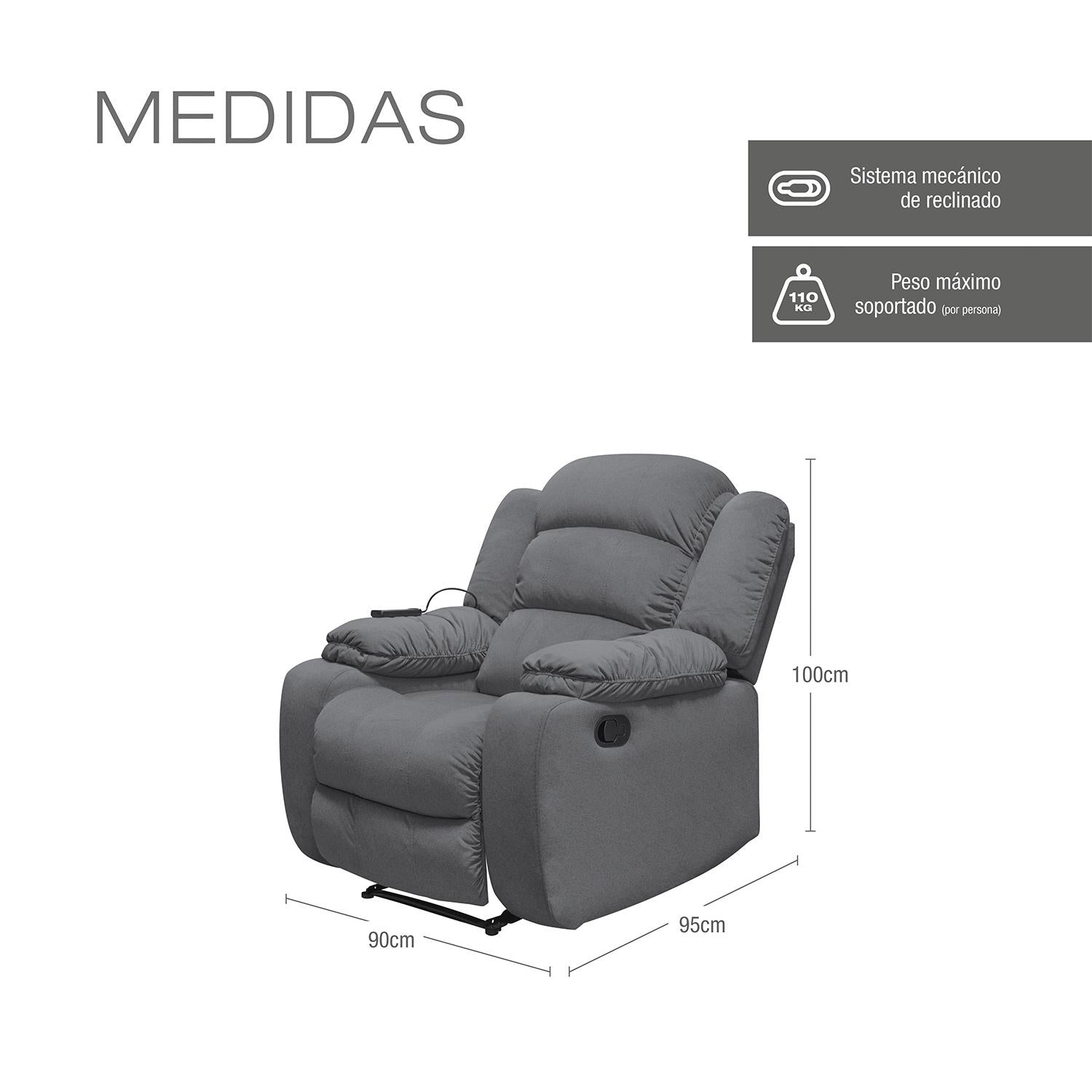 Silla Reclinable Nico Velvet Primada Gris Masajeador