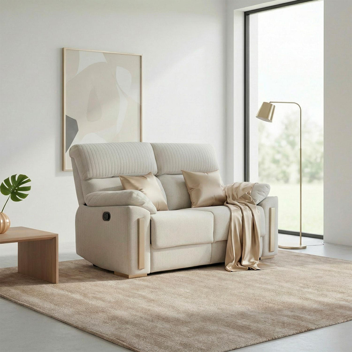 Sofá Reclinable 2 Puestos Dinna Chenille Touch Almendra, Champaña
