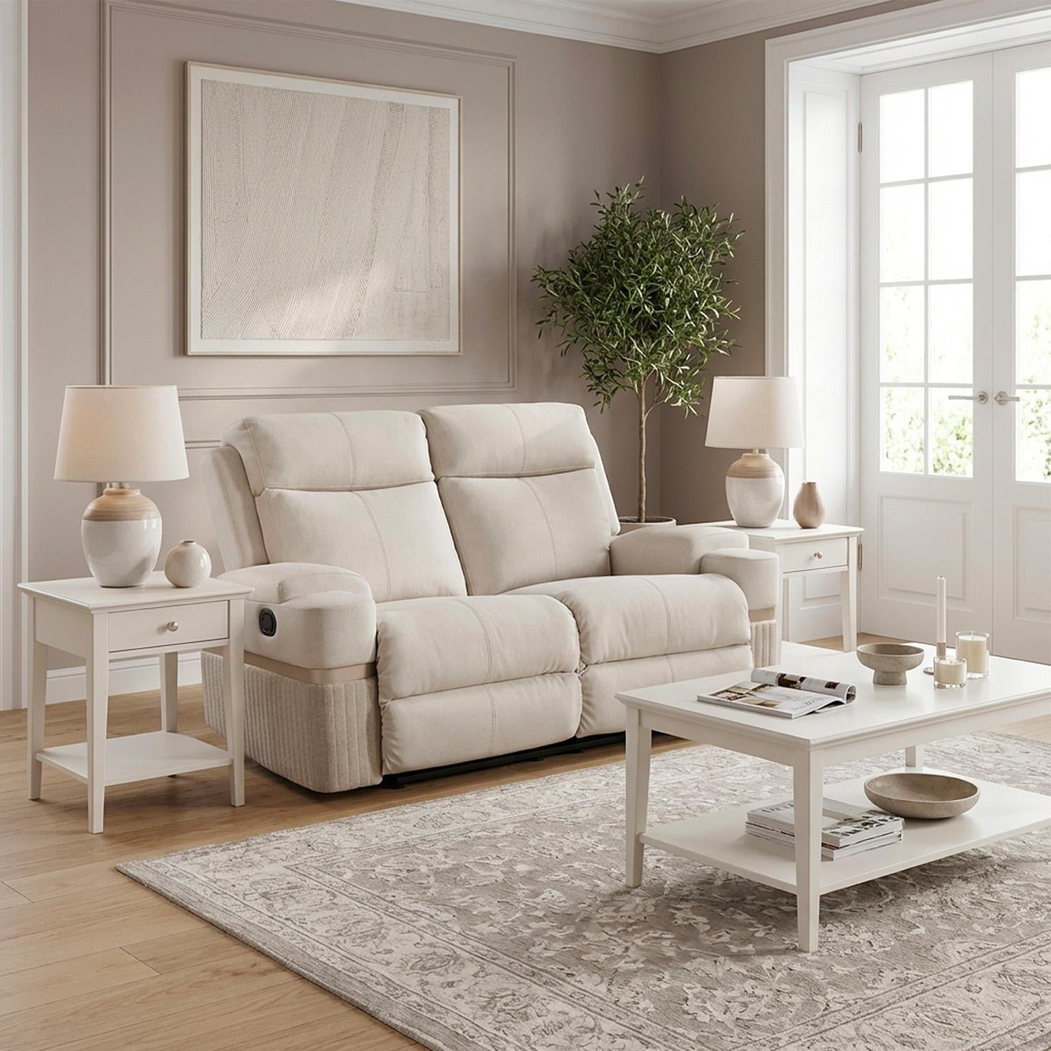 Sofá Reclinable 2 Puestos Dior Eurolino Blanco Puro, Champaña