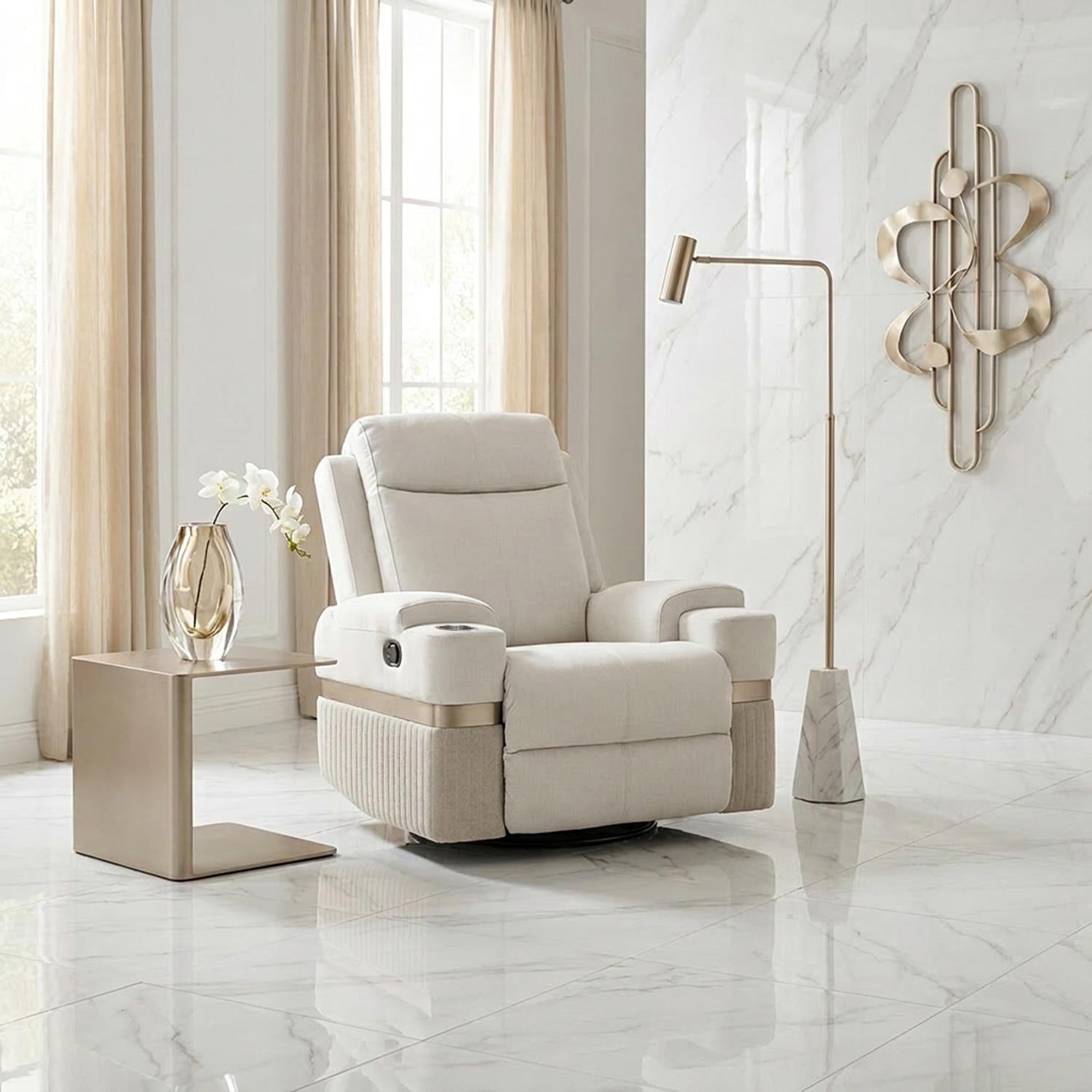 Sillón Reclinable Dior Eurolino Blanco Puro Mecedora Giratoria, Champaña