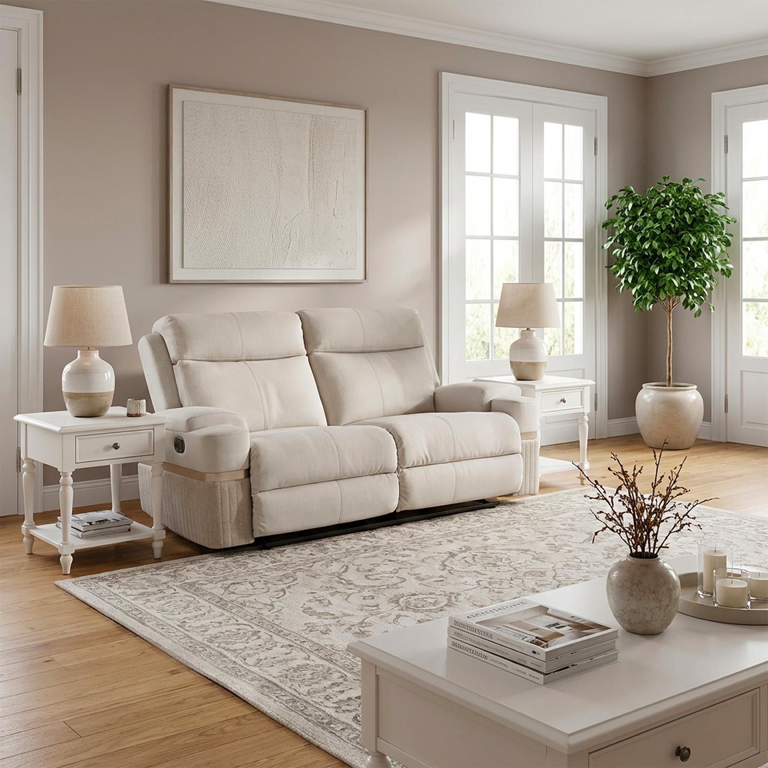 Sofá Reclinable 3 Puestos Dior Eurolino Blanco Puro, Champaña
