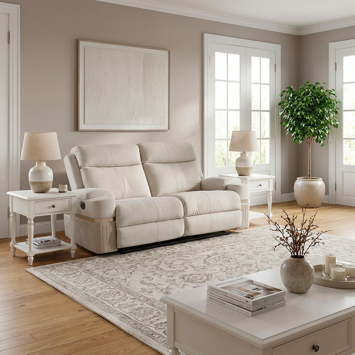 Sofá Reclinable 3 Puestos Dior Eurolino Blanco Puro, Champaña