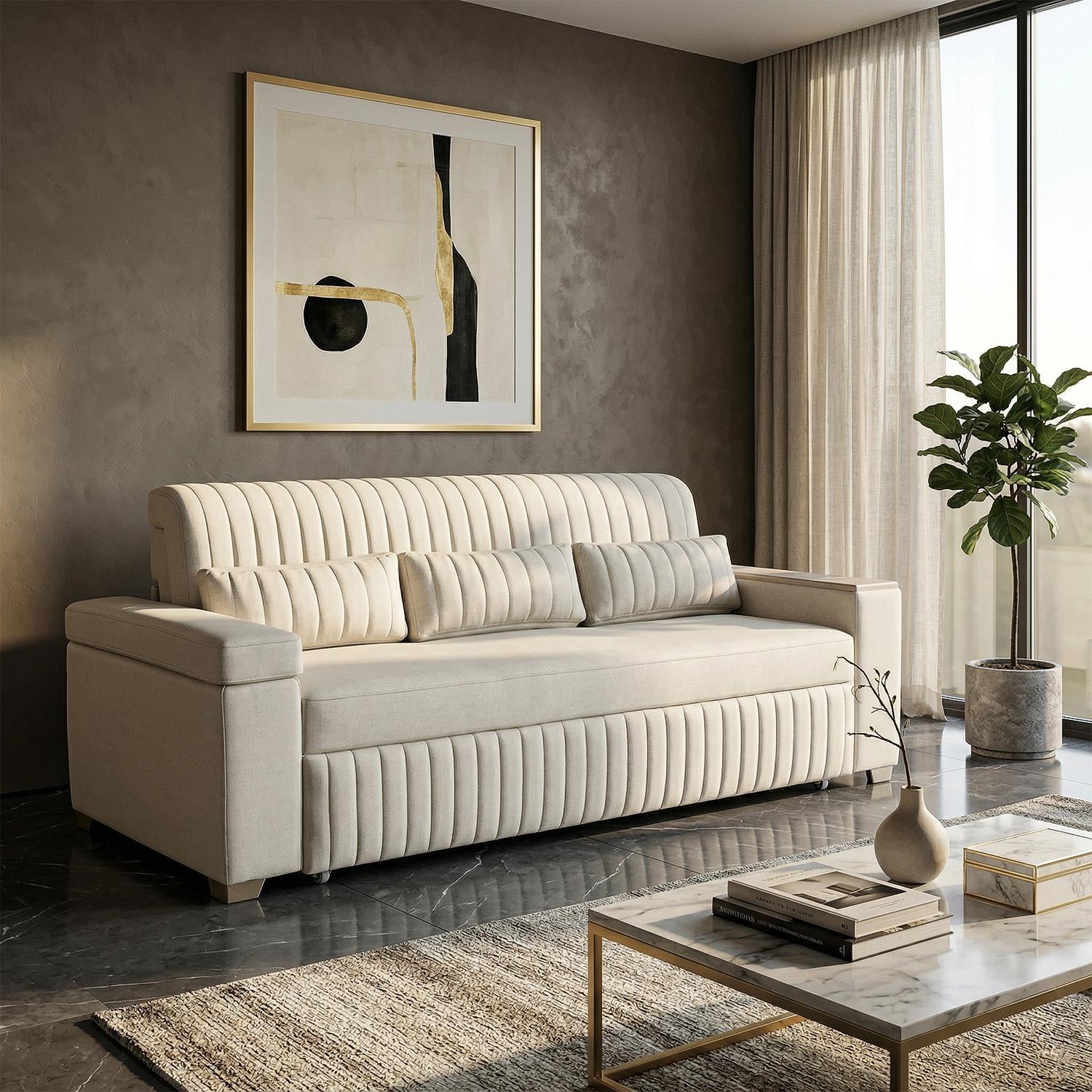 Sofá Cama Robi Eurolino Blanco Puro, Champaña 180