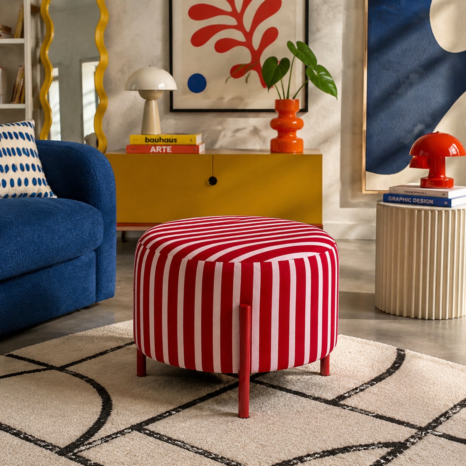 Puff Arthur Velvet Rayas Rosa, Rojo Circular