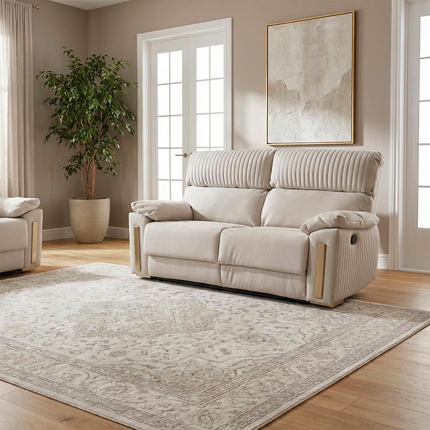 Sofa Reclinable 2 Puestos Dinna Eurolino Blanco Puro, Champaña