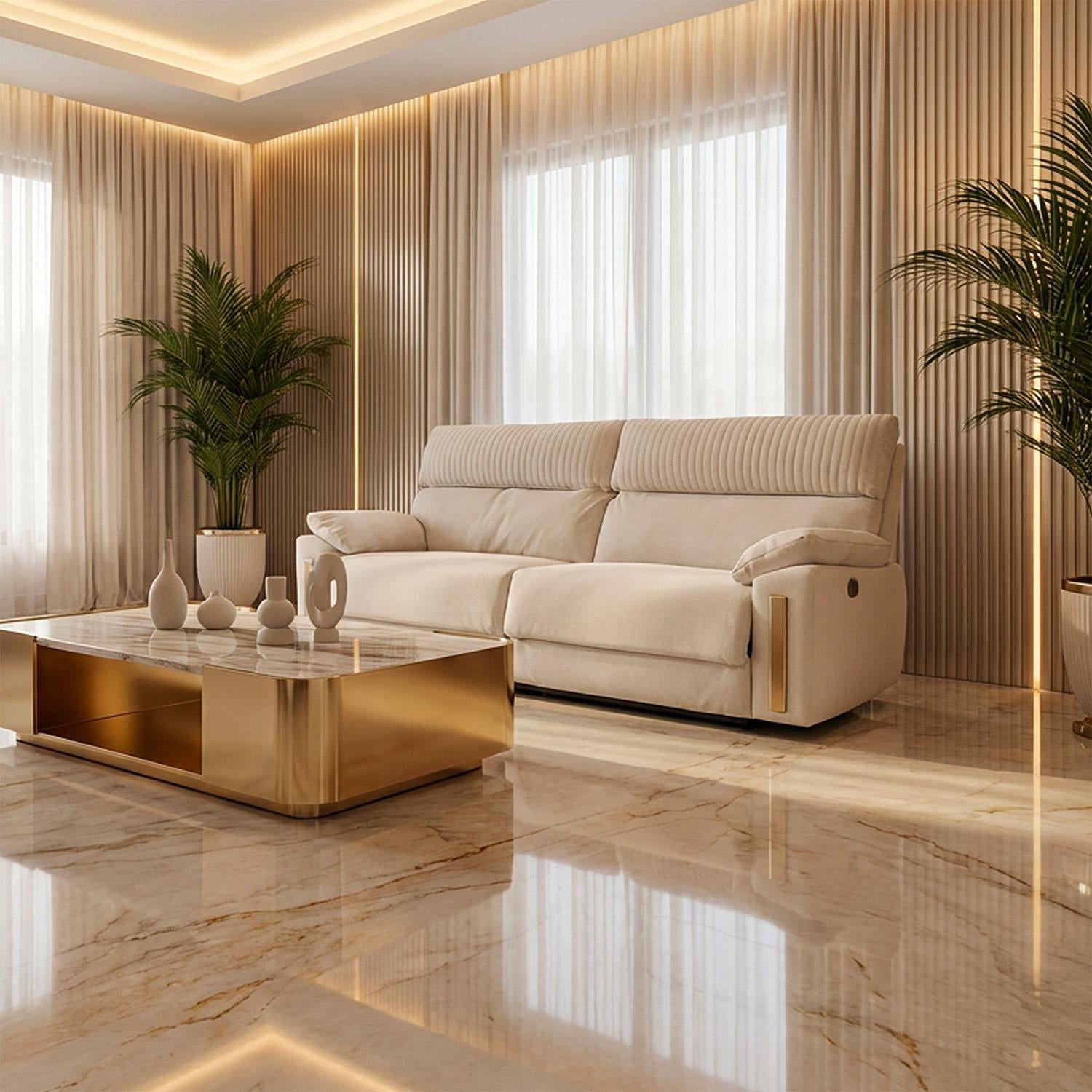 Sofa Reclinable 3 Puestos Dinna Eurolino Blanco Puro, Champaña