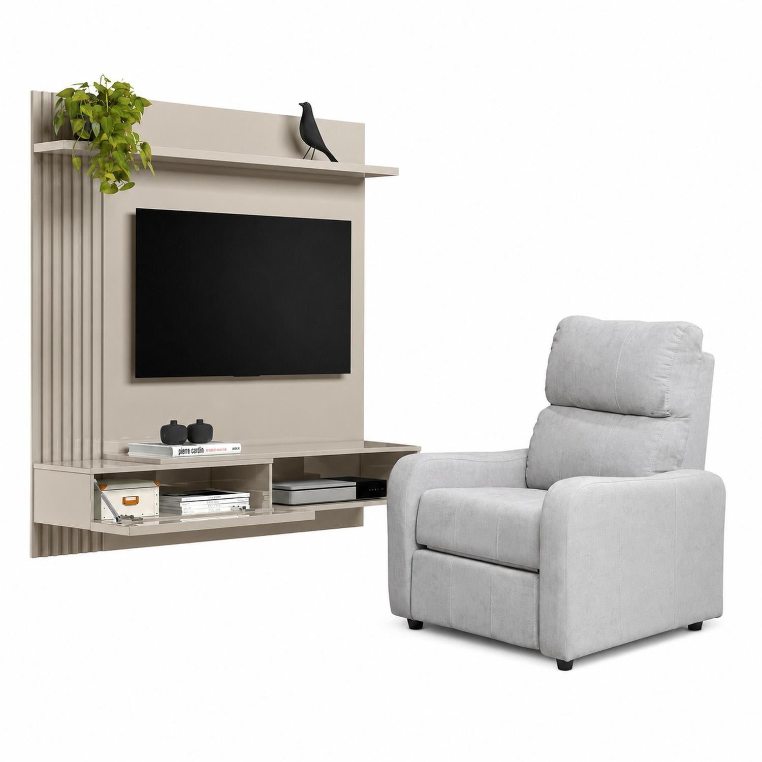 Combo Panel De Tv Pier 133X132X31 Off White + Silla Reclinable Daytona Kazan Plata