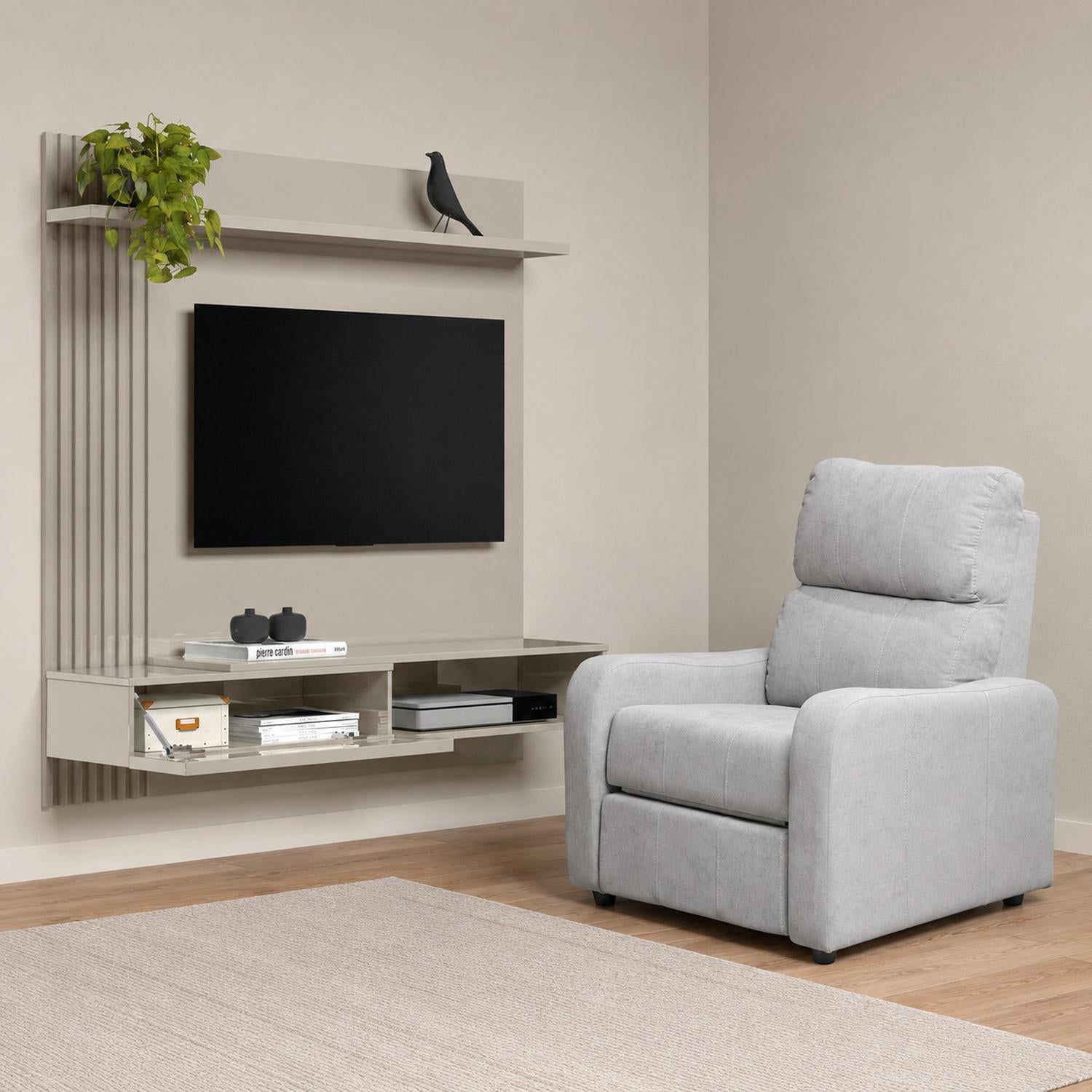 Combo Panel De Tv Pier 133X132X31 Off White + Silla Reclinable Daytona Kazan Plata