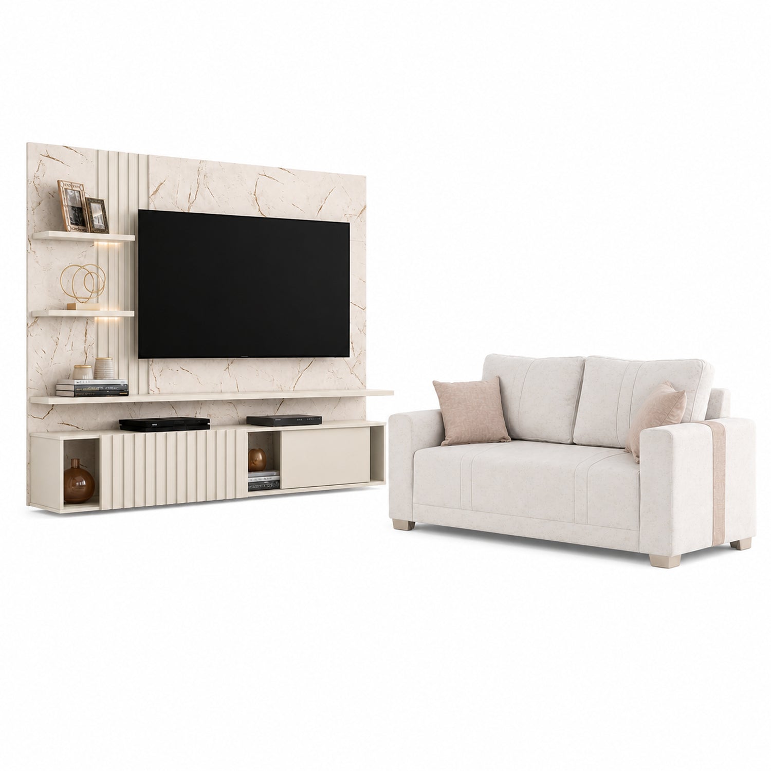 Combo Sofa 3 Puestos Mark Beige, Taupe y Champaña + Panel Tv Bruno 200X167X35.5 Off White, Marfil