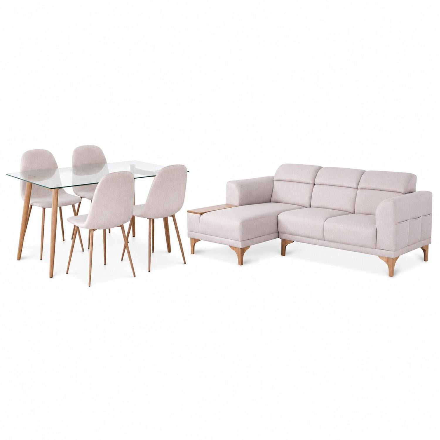 Combo Sala Rinconera Carla Almendra, Natural Izquierda + Comedor 4 Puestos Harrison Taupe, Natural