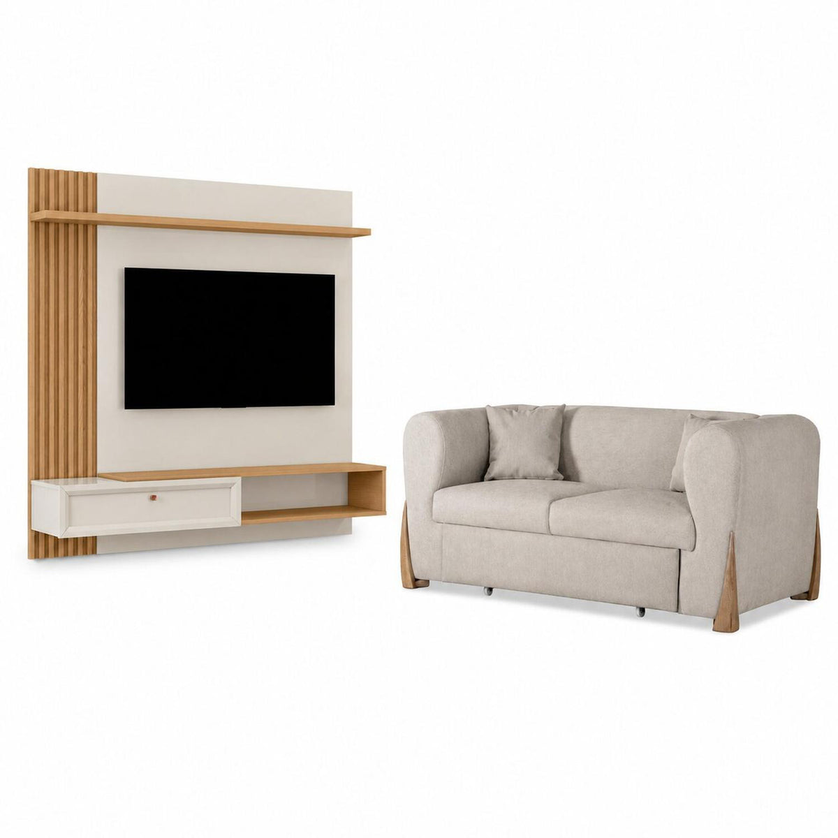 Combo Sofa Cama Bell Impetu Beige, Natural + Panel De Tv Pier 133X132 Offwhite, Natural
