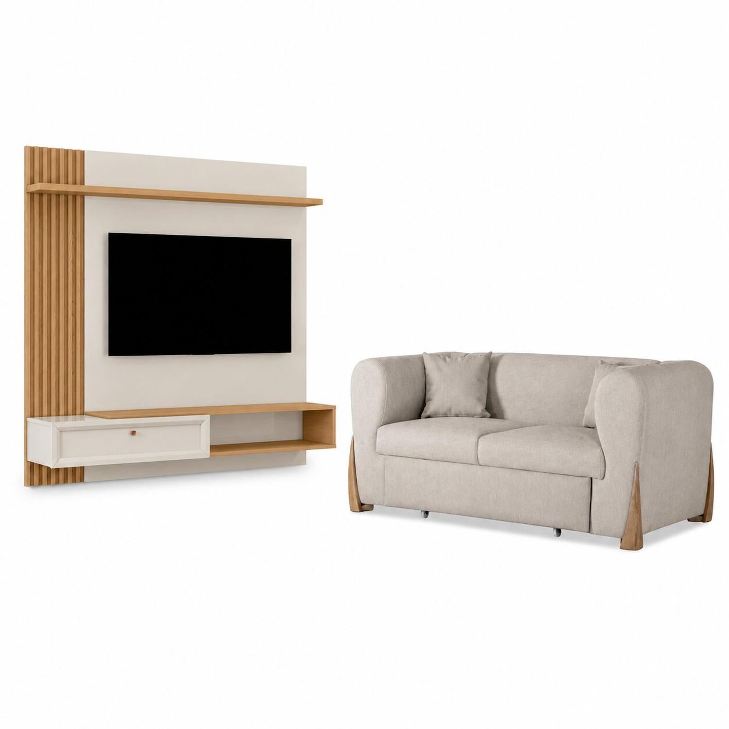 Combo Sofa Cama Bell Impetu Beige, Natural + Panel De Tv Pier 133X132 Offwhite, Natural