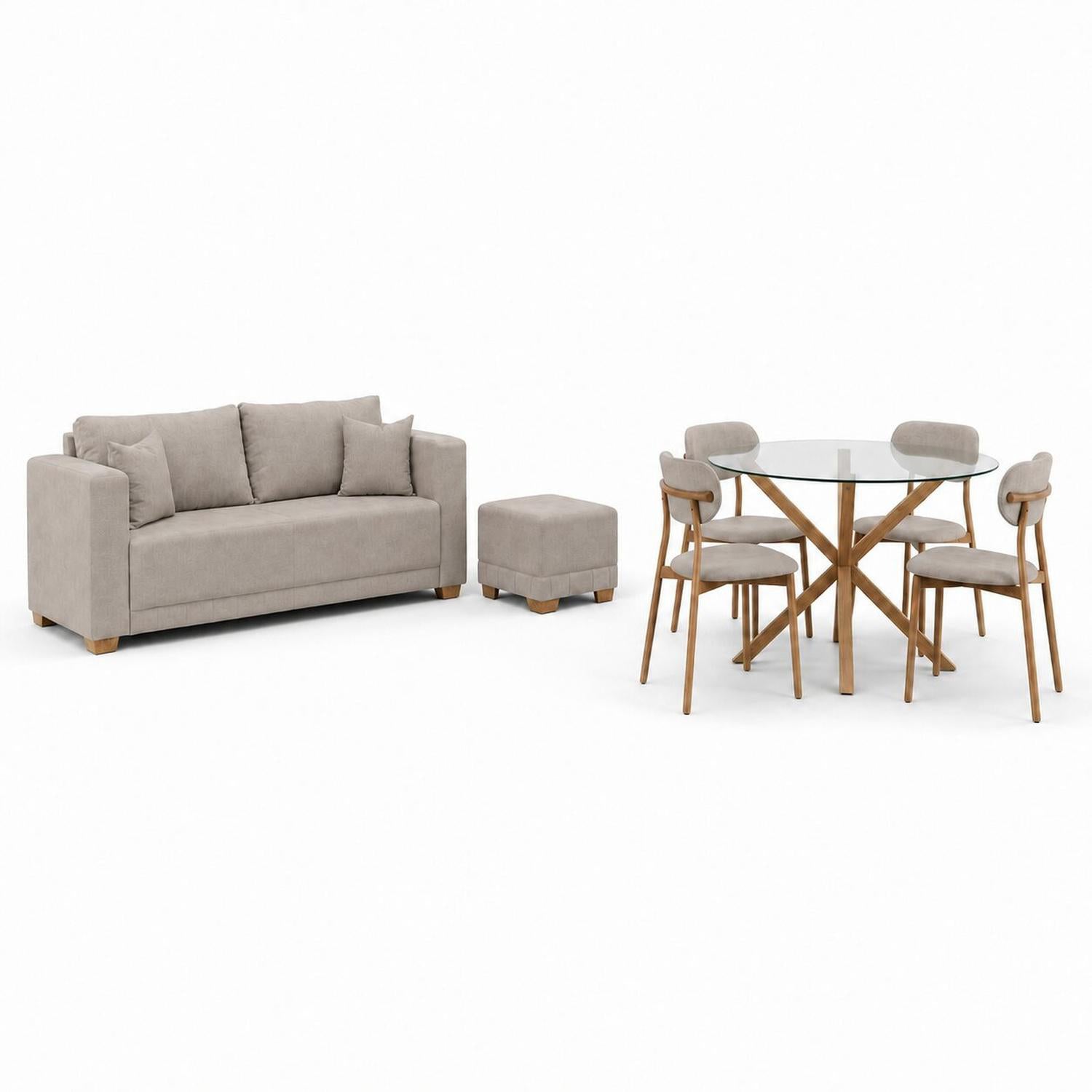 Combo Sala Funcional Andora Icono Almendra, Natural Bd + Comedor 4 Puestos Dousty Taupe, Natural
