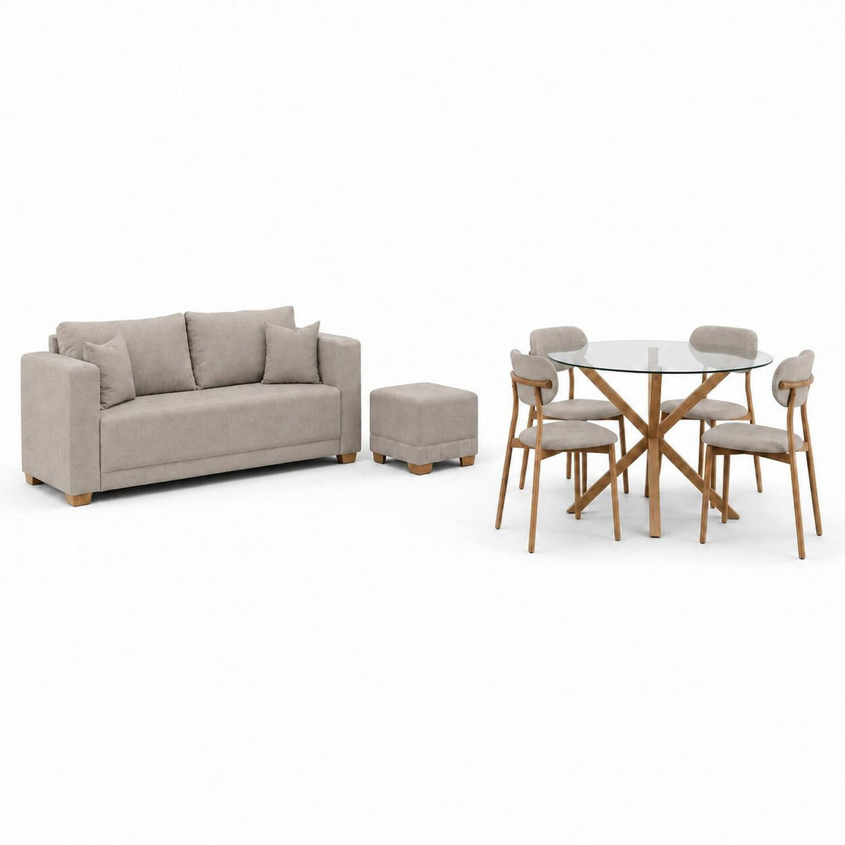 Combo Sala Funcional Andora Icono Almendra, Natural Bd + Comedor 4 Puestos Dousty Taupe, Natural