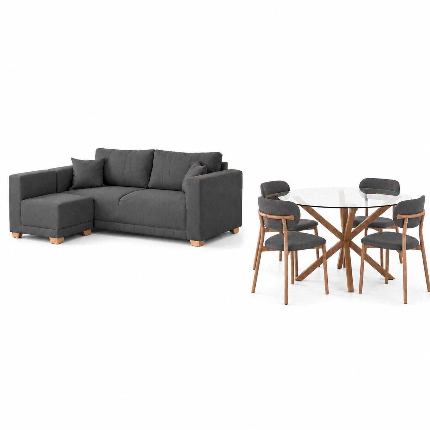 Combo Sala Funcional Andora Lino Kazan Plomo, Natural Bd + Comedor 4 Puestos Dousty Gris, Natural