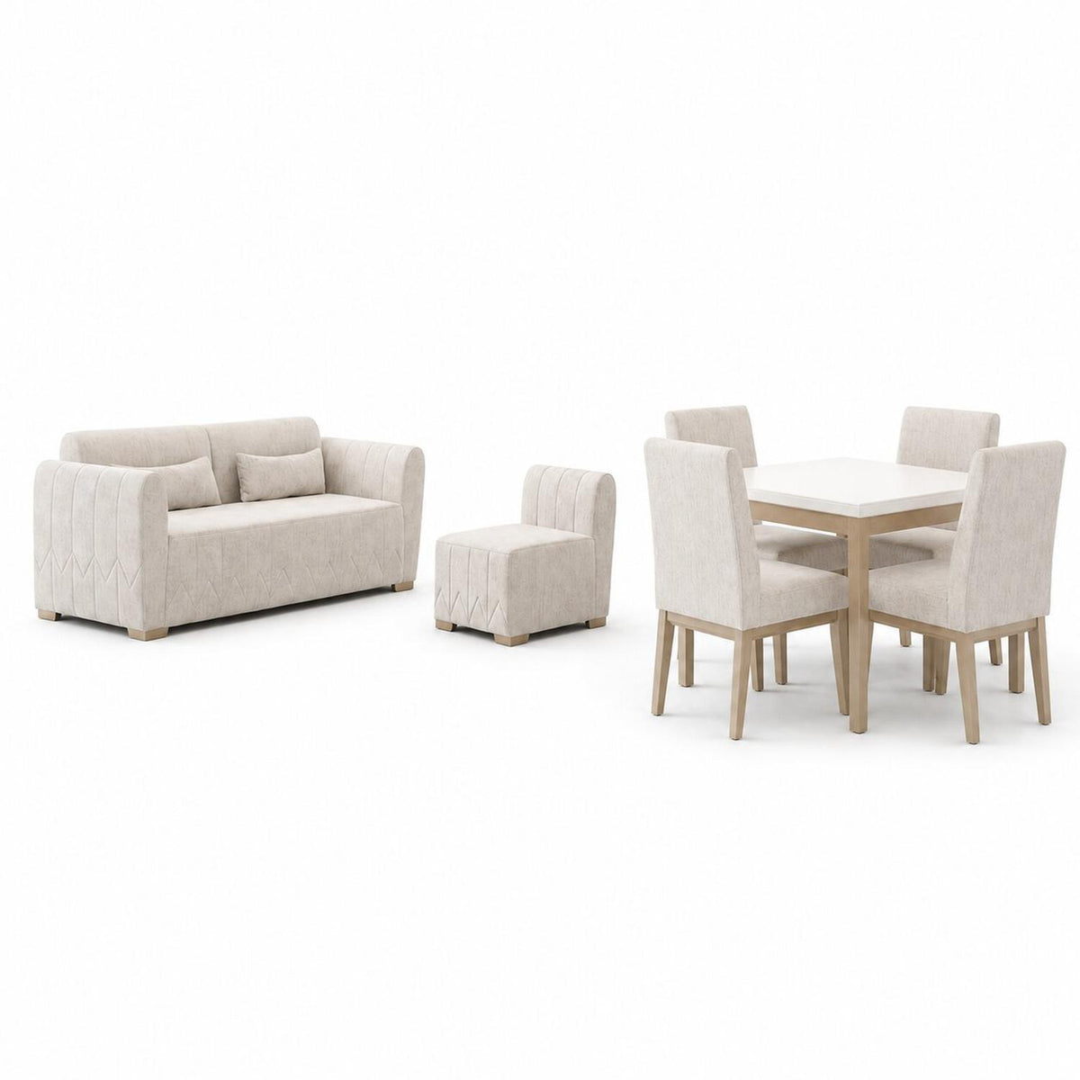 Combo Sala Rinconera Noah Estocolmo Blanco, Champaña + Comedor 4 Puestos Walcot Estocolmo Blanco, Champaña 4 Sillas