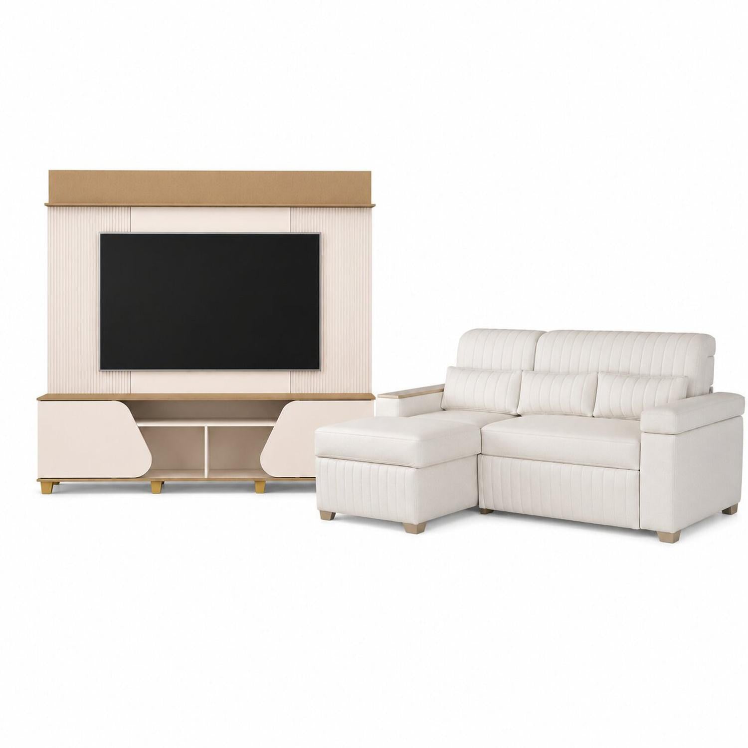 Combo Sala Cama Robi Blanco Puro Orientación Izquierda + Centro Entretenimiento Logan Offwhite, Champaña